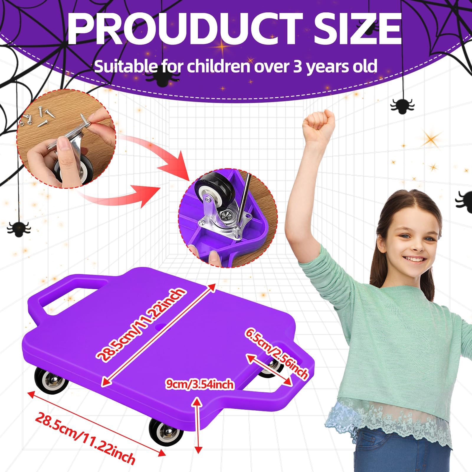 2 patinetes deportivos con asas de colores para sentarse, con ruedas de plástico para niños, gimnasio, actividades en interiores y exteriores, equipo de juego (naranja, morado) 2