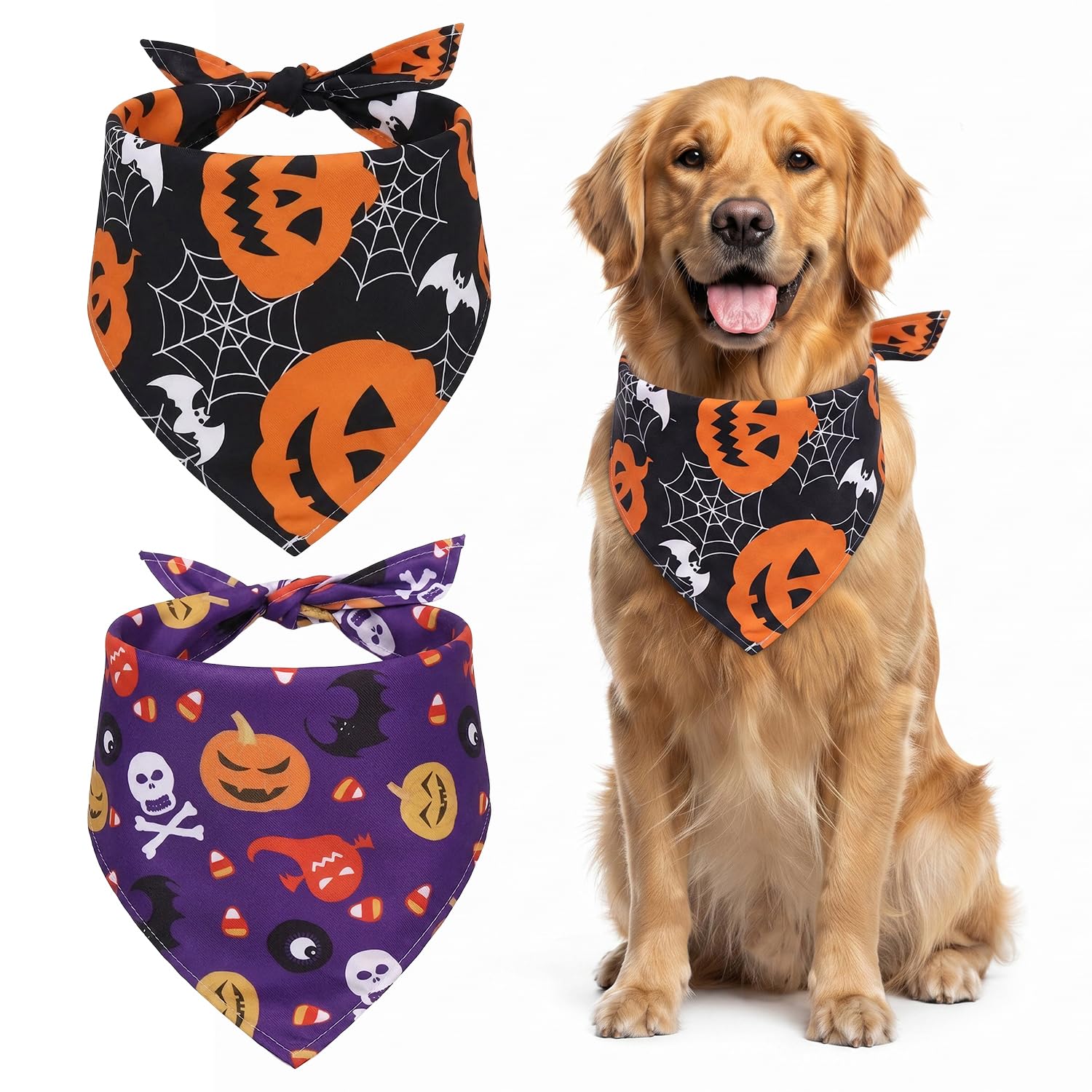 2 pcs dog halloween bandana with Pumpkin spiderweb ghost bat patterns