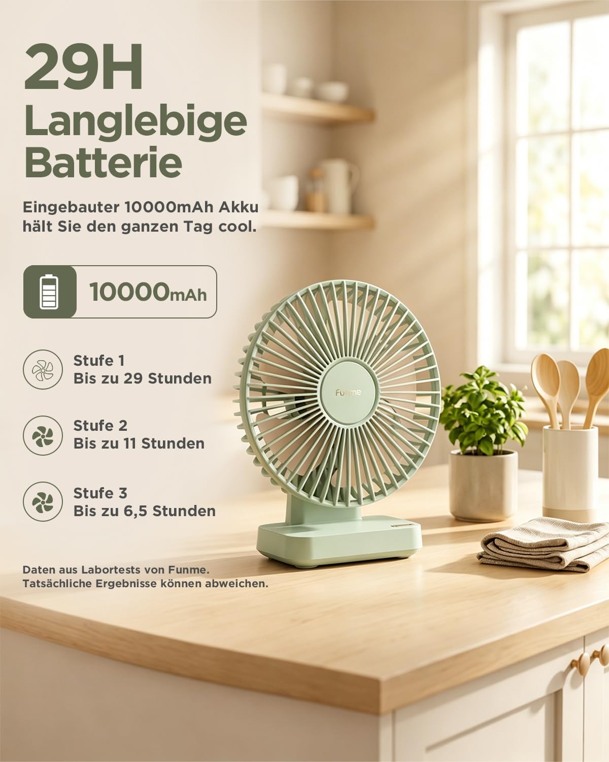 Funme Tischventilator 10000mAh Akku 29H, 90° Neigbar 3-Stufen Desktop Ventilator Leiser, Ventilator für Zuhause, Büro, Schlafzimmer, Reisen, Camping, Grün