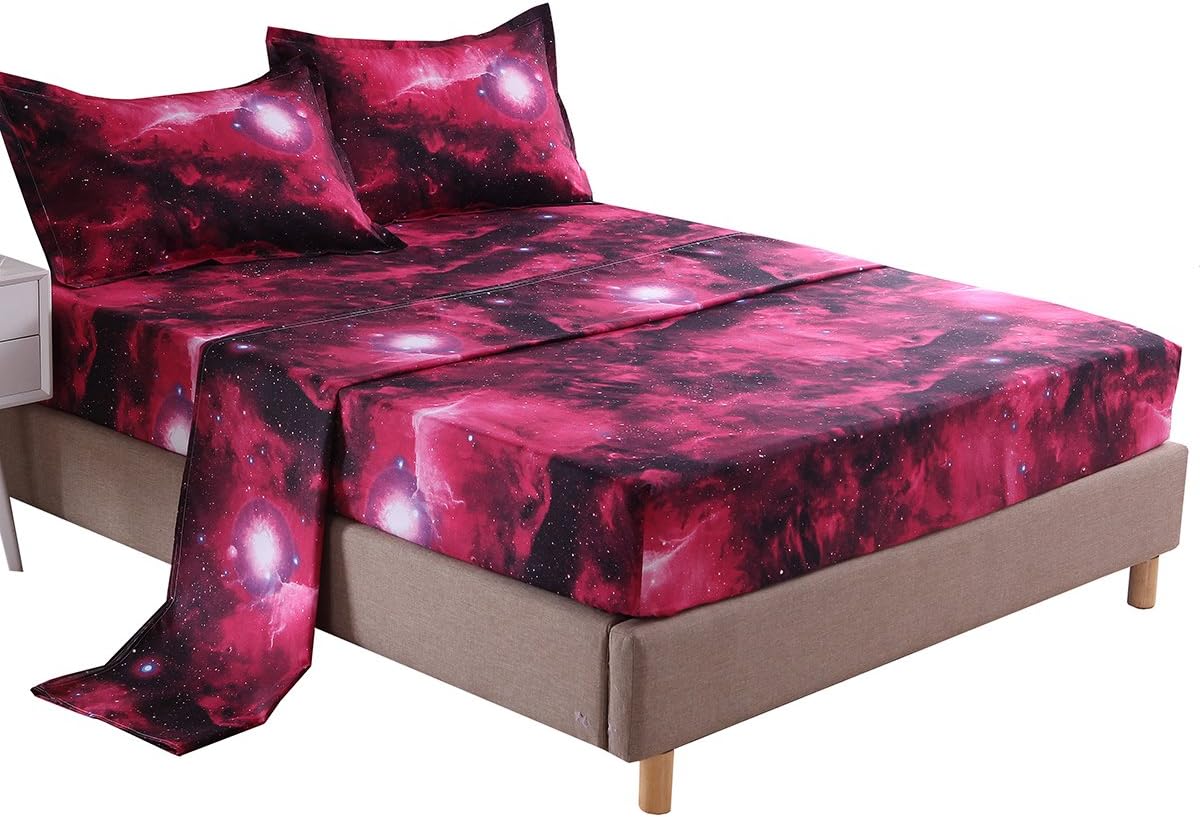 Cozzy 4 pcs Galaxy Bedding Bed Sheets Set Polyester Flat & Fitted Sheets with 2 Pillowcases Queen Size Red and Black