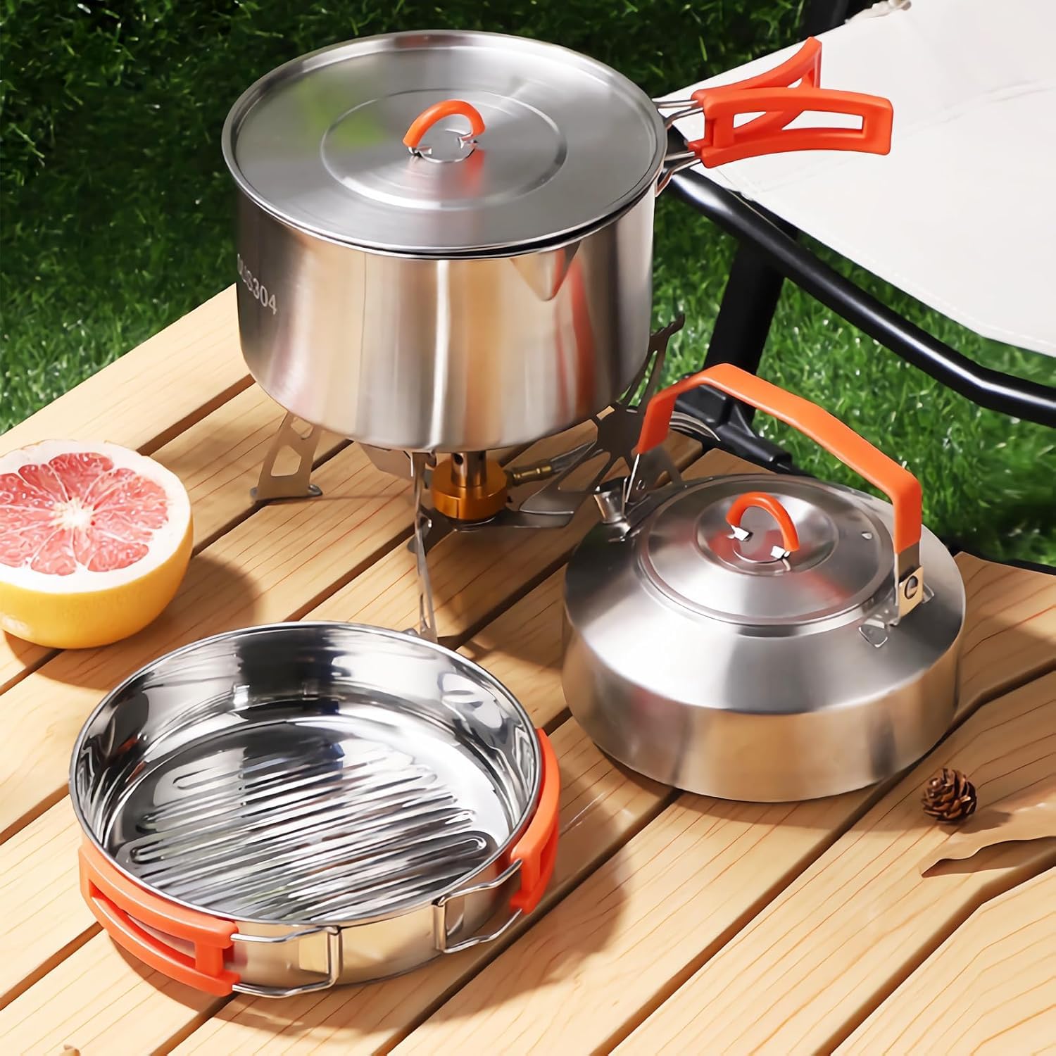 Camping Kochset, Camping Kochgeschirr Set, 304 Edelstahl Camping Töpfe und Pfannen Set, beinhaltet Topf Nonstick Bratpfanne Wasserkocher in Mesh Tasche für Wandern Outdoor Kochen Rucksack für 1-2 Mens