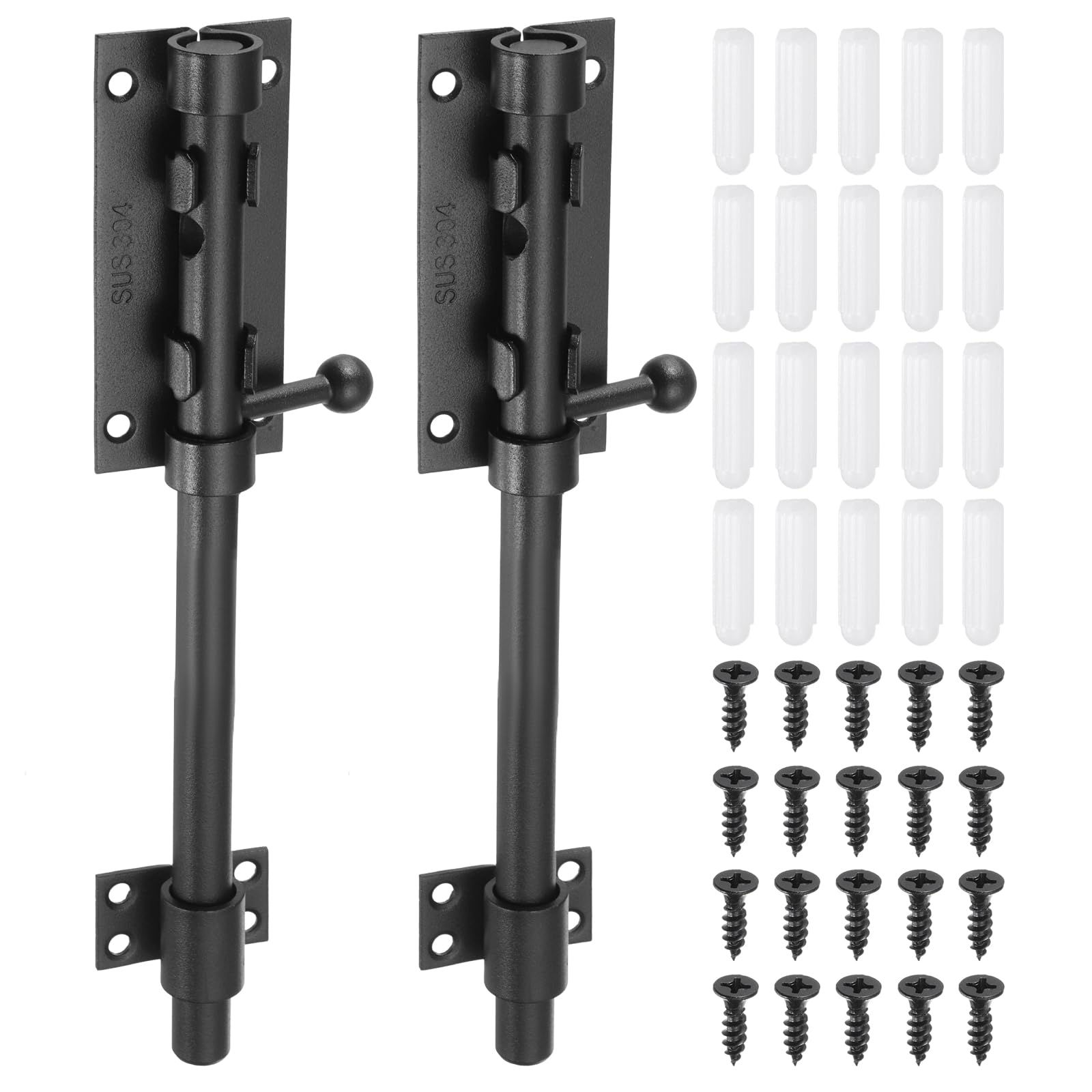 sourcing map 2-Pack Slide Bolt Latch, 6 in 304 Stainless Steel Barrel Bolt Latch Heavy Duty Door Latches Lock 14mm Dia Bar with Padlock Hole for Barn Wooden Fence Shed Door Garage [Black]