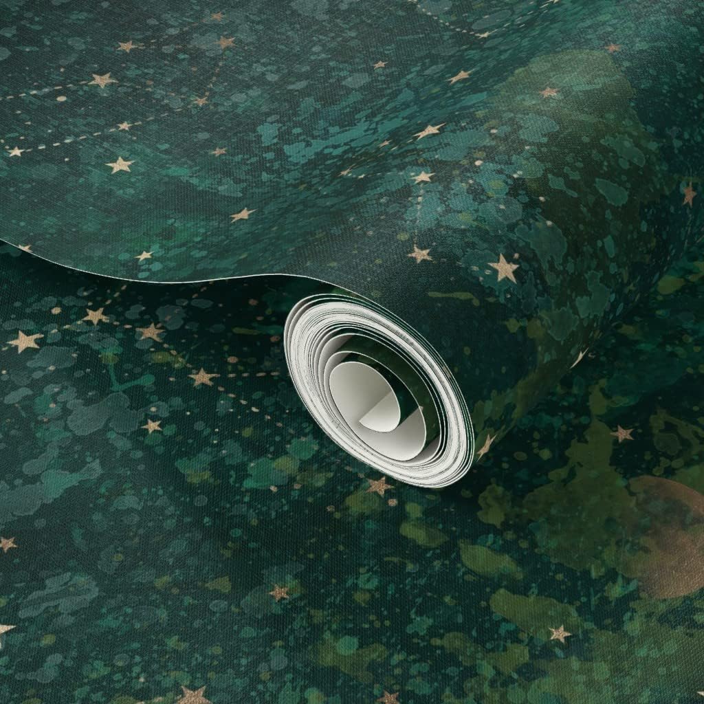 Spoonflower Peel & Stick Wallpaper 3ft x 2ft - Dark Green Moon Stars Bohemian Star Night Celestial Custom Removable Wallpaper