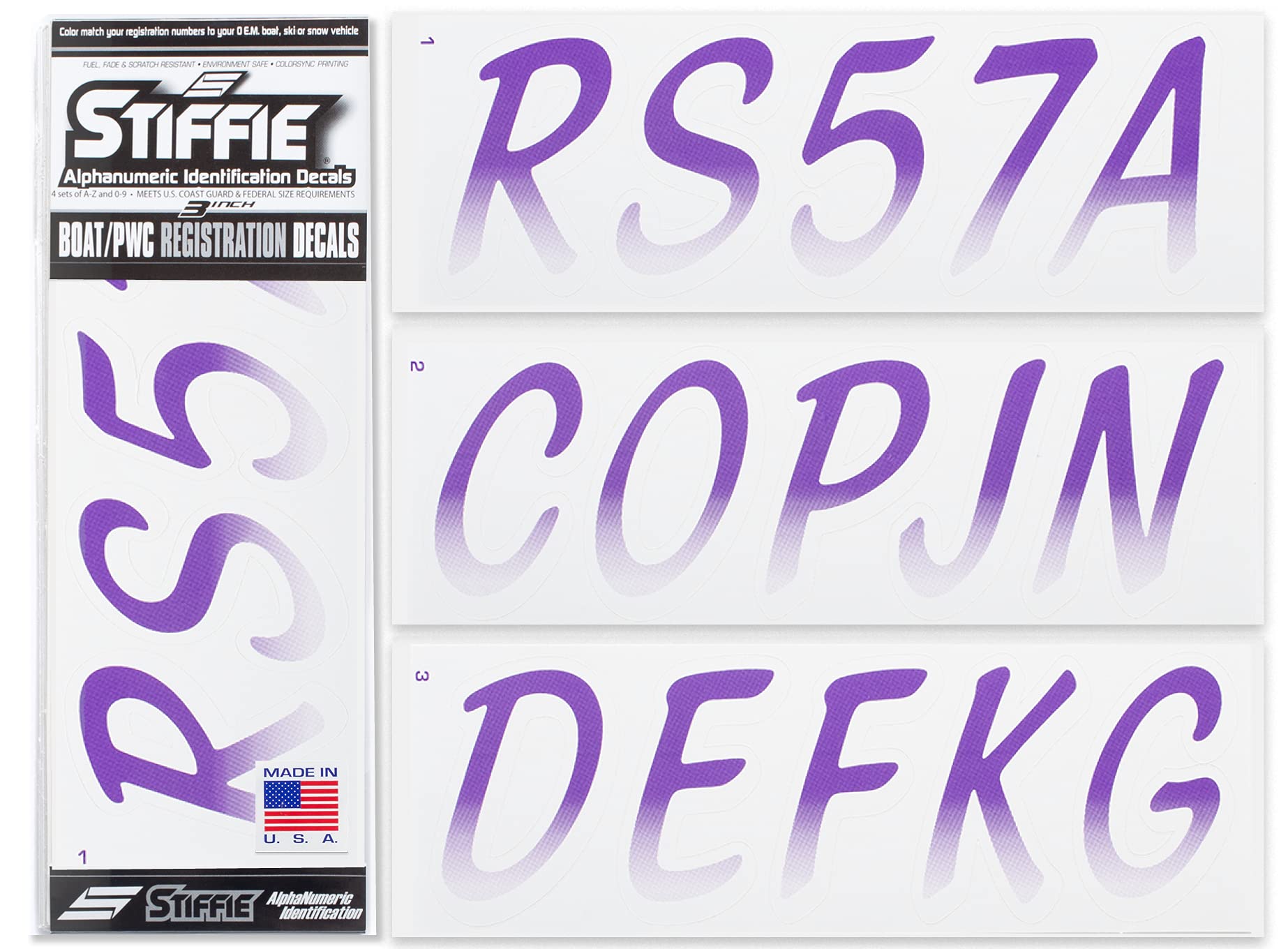STIFFIE Whipline Purple/White 3" Boat &amp; PWC Registration Decals • Numbers Letters Stickers