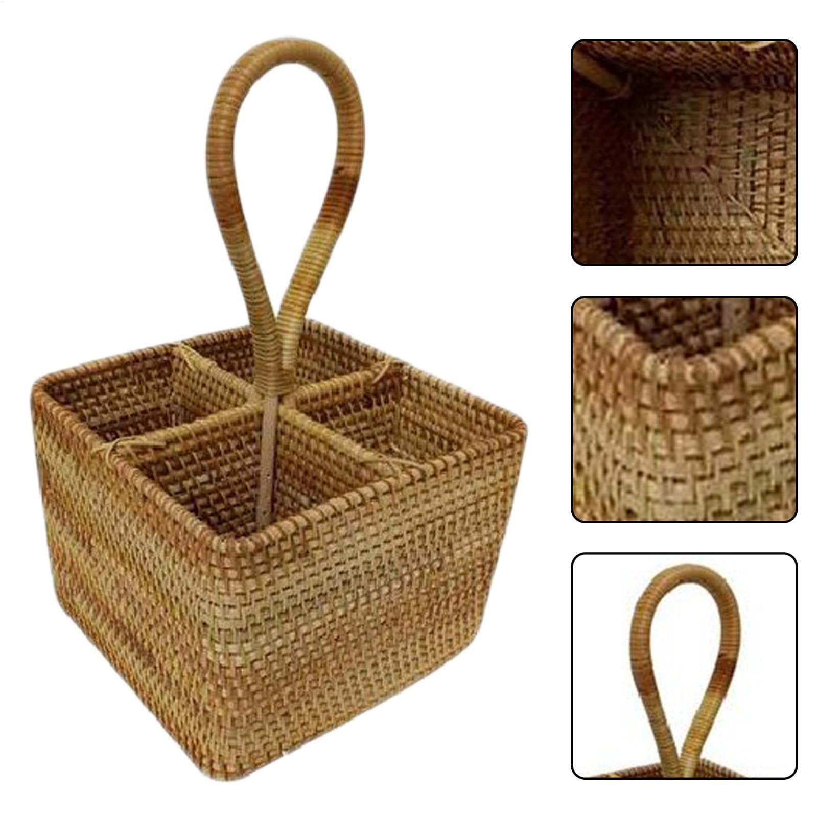Cestino in vimini – Cesto portaoggetti in vimini naturale, intrecciato a mano, cestino da picnic 17,8 x 17,8 cm, manico lungo, 4 scomparti, cestino in rattan per picnic, bottiglie, posate, utensili da