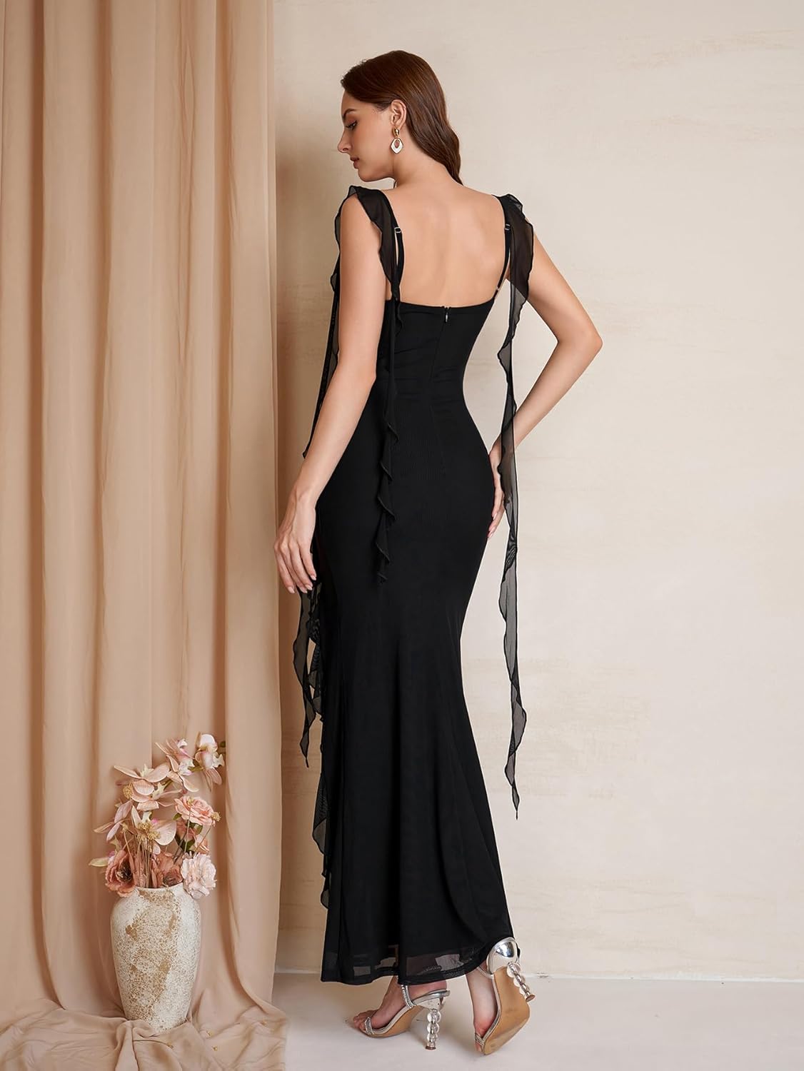 Ruffle Long Fromal Wedding Guest Dress Floral Slit Bodycon Maxi Cocktail Party Dresses for Women