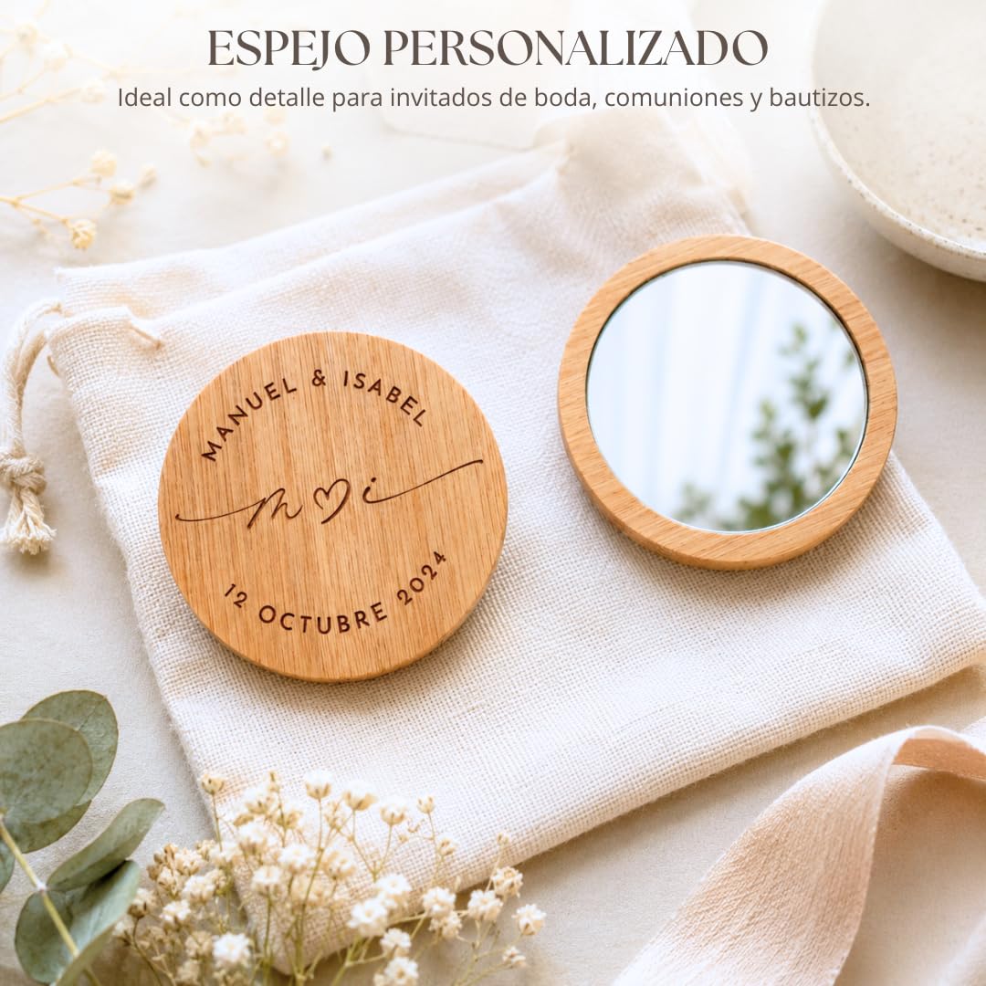 Amaisso® Espejo de Madera Personalizado para Boda con Grabado Pack 10 | Detalle para Invitados de Boda, Comunión y Bautizo | Regalo Personalizado con Nombres, Fecha y Diseño Elegante