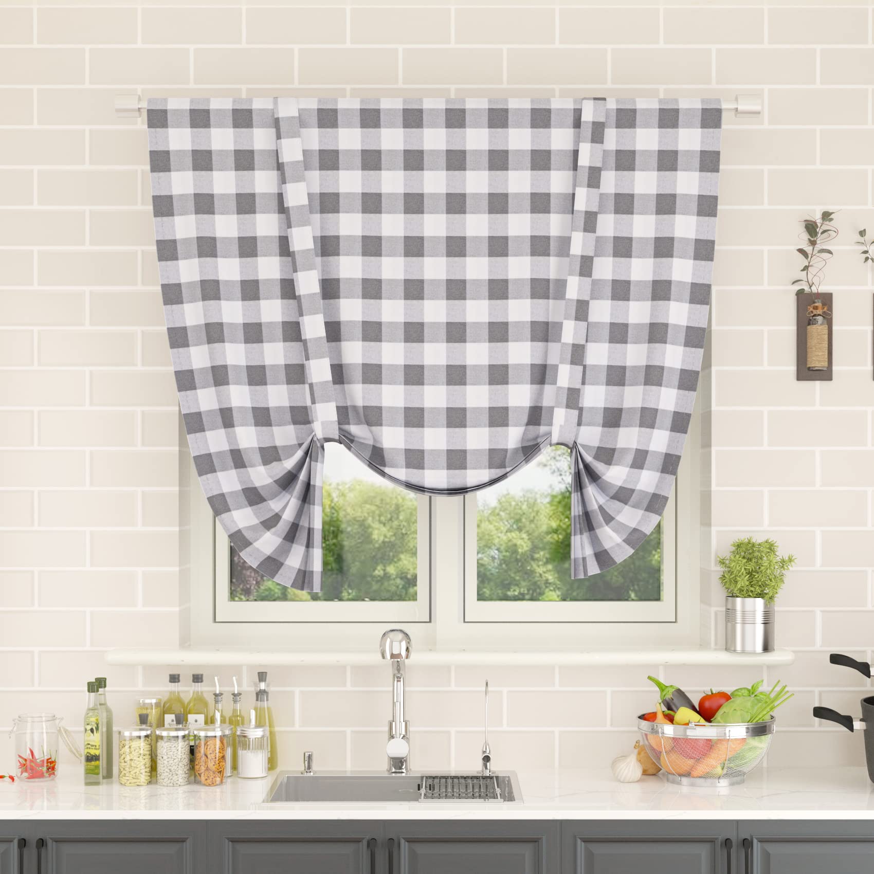 Tie Up Curtain for Windows 54 inches Long Buffalo Check Adjustable Tie Up Shades Plaid Gingham Rod Pocket for Kitchen Windows 1 Panel, Grey & White