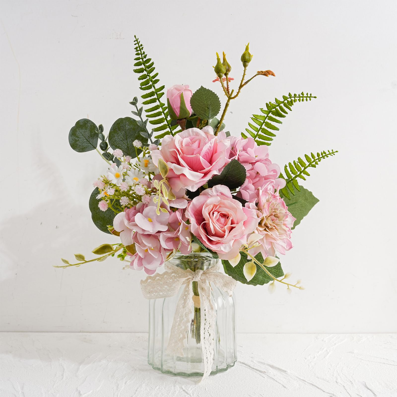 Artificial Flowers in Vase, Fake Dahlia & Hydrangea Bouquet with Pot