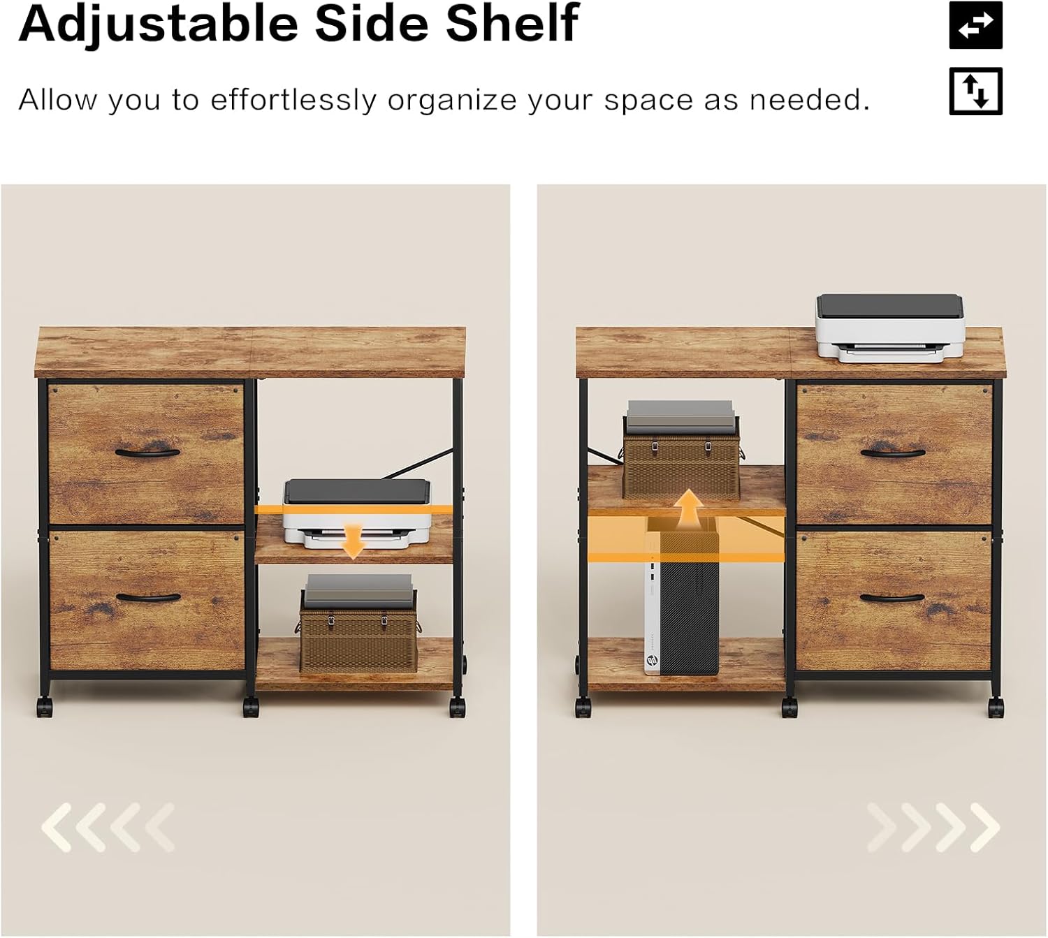 2-Drawer Fabric Lateral File Cabinet with Wheels, Rolling Printer Stand with Open Storage Shelf for Home Office, Rustic Brown