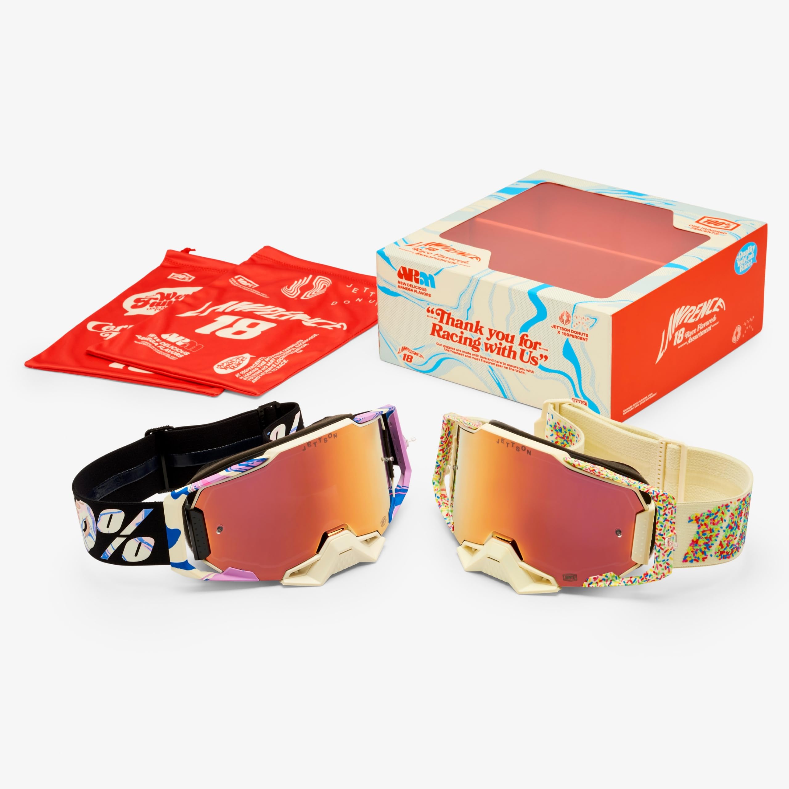 100% ARMEGA Donut - Motocross & Mountain Bike Goggles - Adult Moto Goggles for Unmatched Clarity - Motocross Eyewear with Durable & Unique Design - Jett Lawrence LE (Pack of 2)