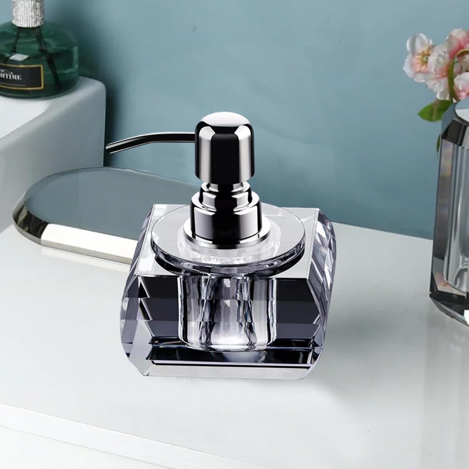 100ML Glass Soap Dispenser with Pump, 3.5x3.5x4.9 inch Crystal Soap Container with Anti-Slip Sheet, Pump Bottles for Bathroom, Kitchen