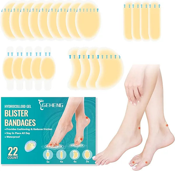 Hydrocolloid Gel Blister Bandages for Feet, Waterproof Adhesive Heel Protectors, Toe, Ball of Foot, Bunion Pain Relief, Long-Lasting Blister Cushions Pads for Prevention & Recovery (22 Count)