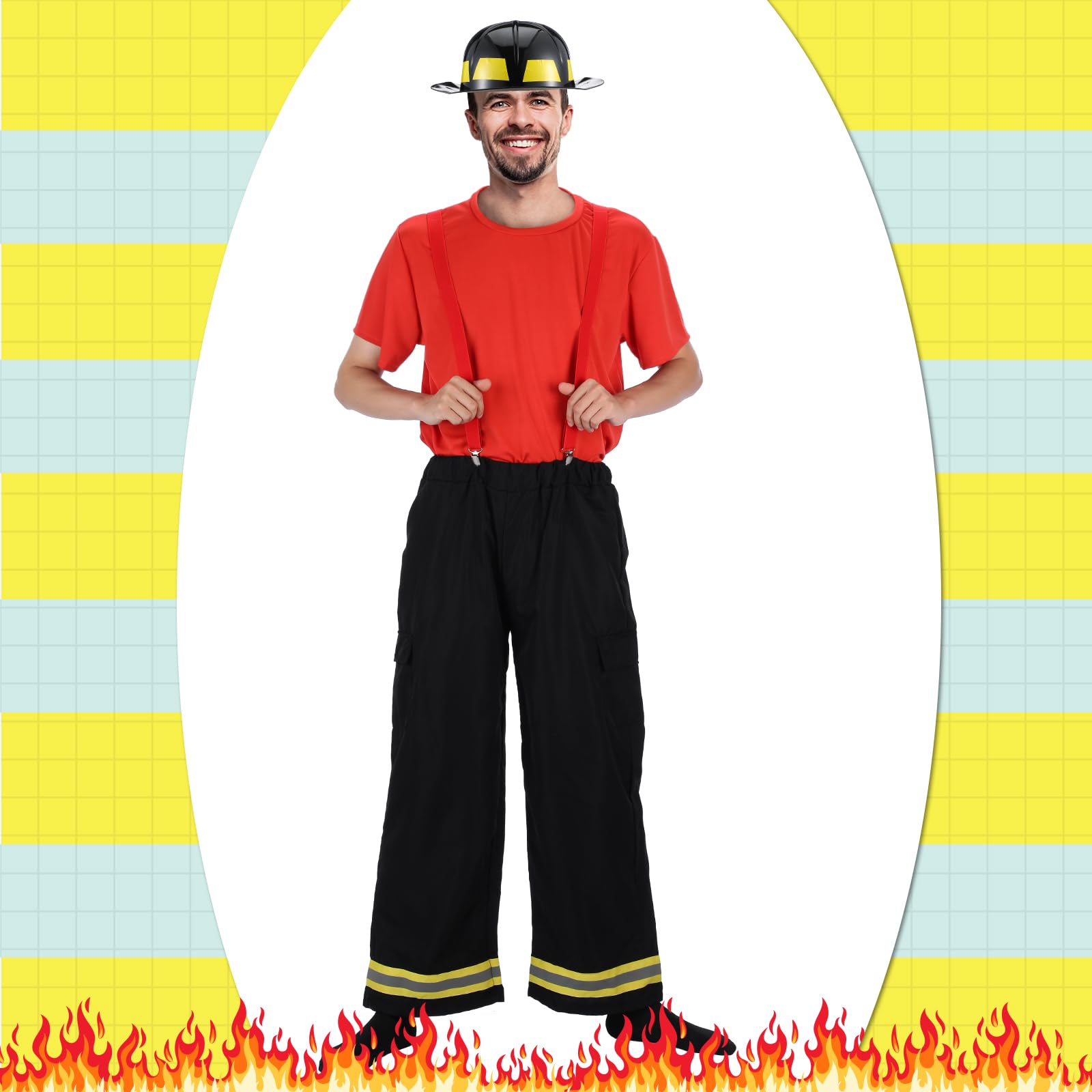 Hicarer Feuerwehrmann-Kostüm für Herren, Feuerwehrmann, Helm, Axt, T-Shirt, Hose mit angenähten Hosenträgern, Halloween, Cosplay, Outfit, 5-teilig