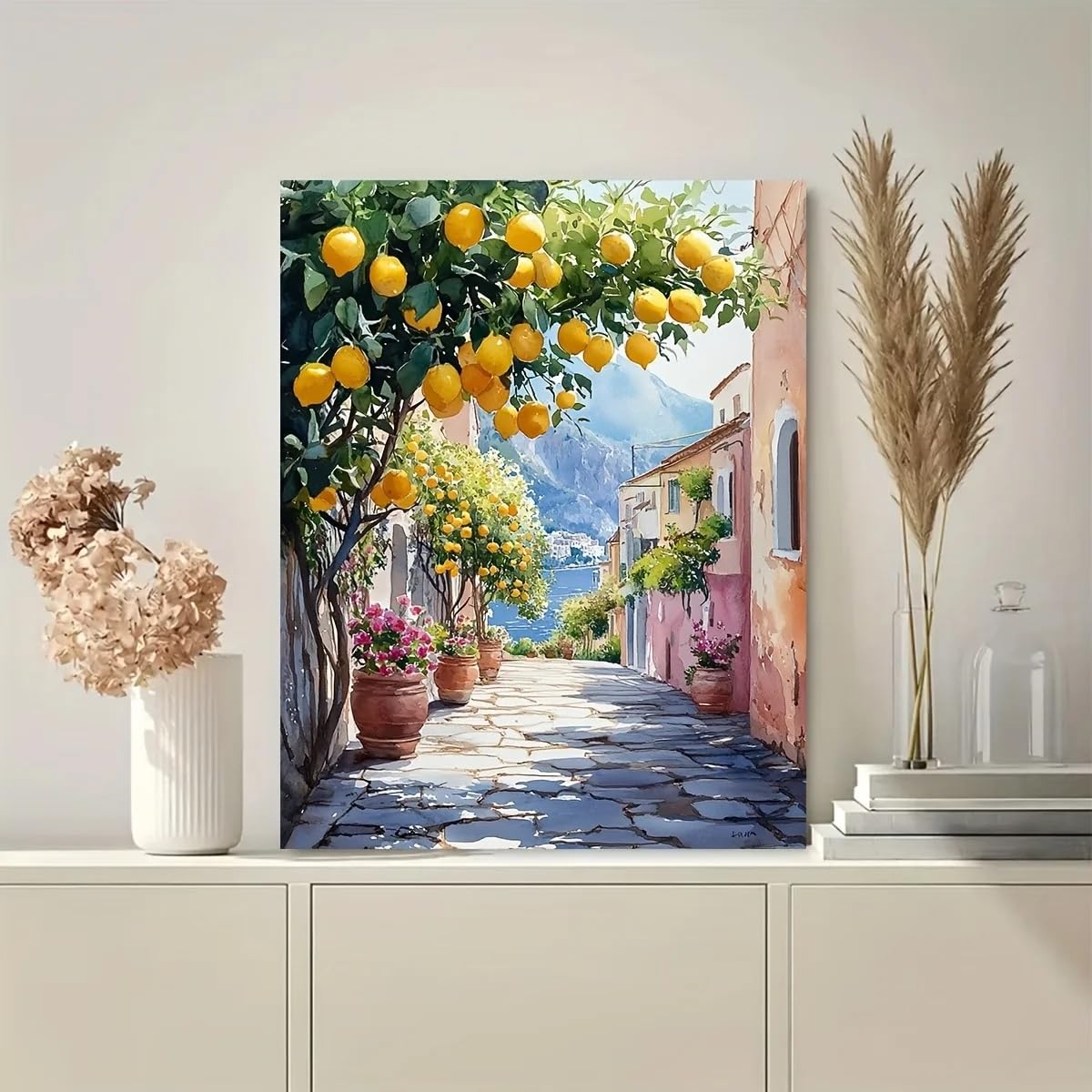 Lienzos impresos para pared con pintura de acuarela costera con limonero y paisaje urbano costero (70x100 cm/marco interno)