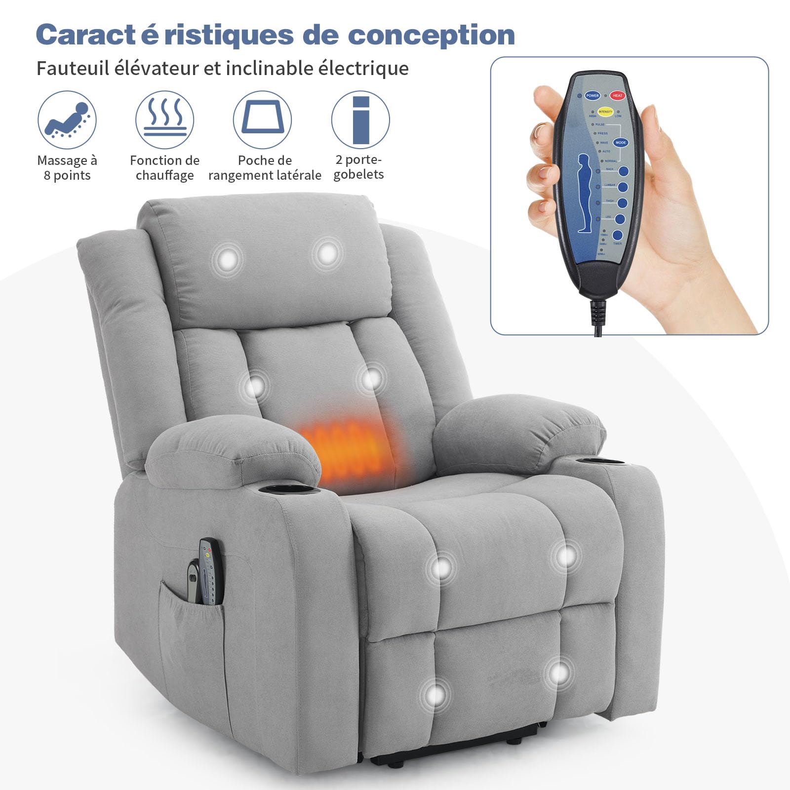 LEADZM - Silla elevadora eléctrica, silla de relax eléctrica, con función de masaje y calor, inclinación ajustable, sillón relajante con reposapiés, mandos a distancia