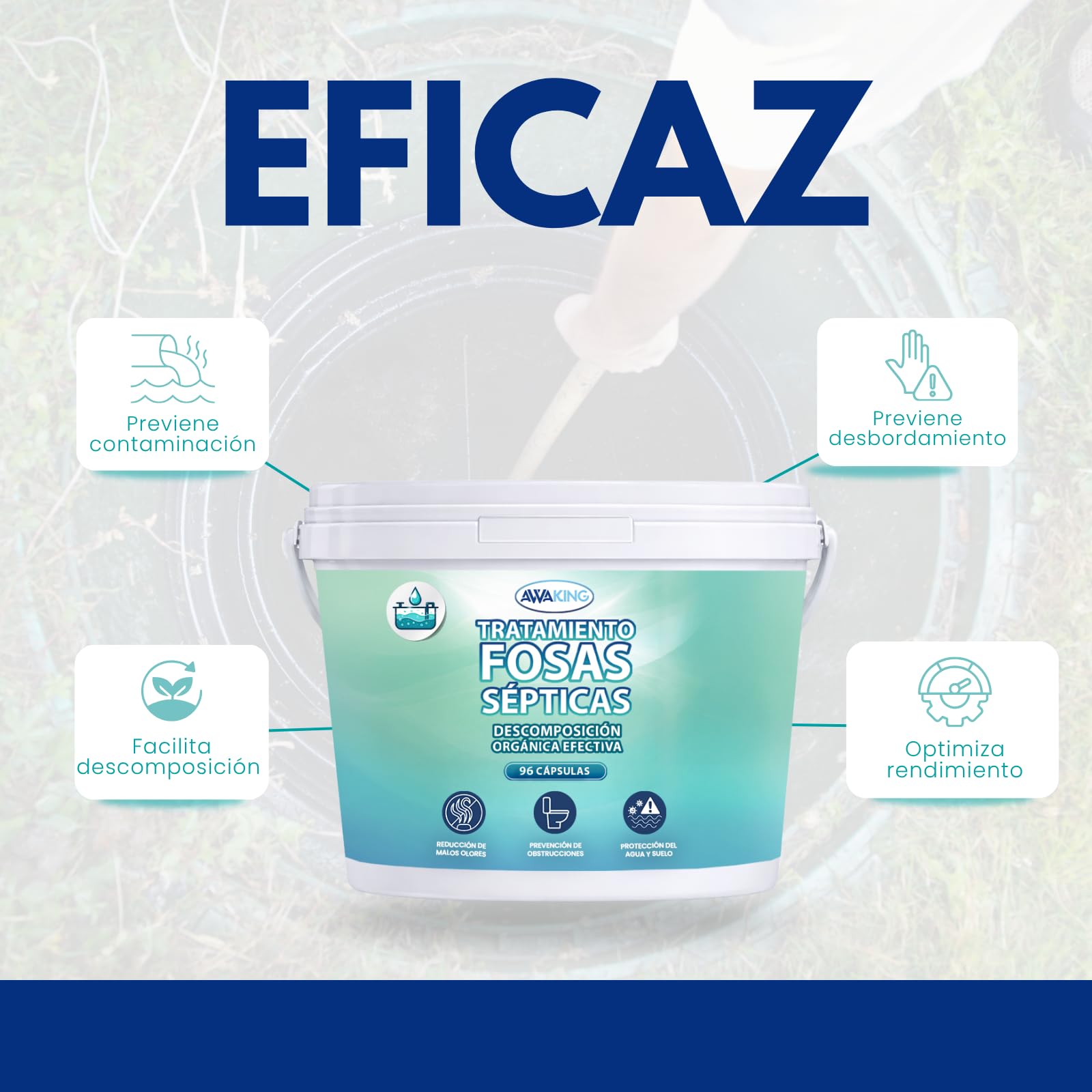 AWAKING Tratamiento Fosas Sépticas 96 Cápsulas | Pastillas con Bacterias Activas | Mantenimiento Mensual y Eliminación de Olores | Fácil Uso en Tuberías y WC | Dosis Pre-medidas