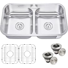CozyBlock 32-Inch Undermount Kitchen Sink 16 Gauge Stainless Steel Low-Divide 50/50 Double Bowl Sink, Includes Protective Bottom Grids and 2 Basket Strainers, Heavy Duty, Soundproof, Dent-Resistant