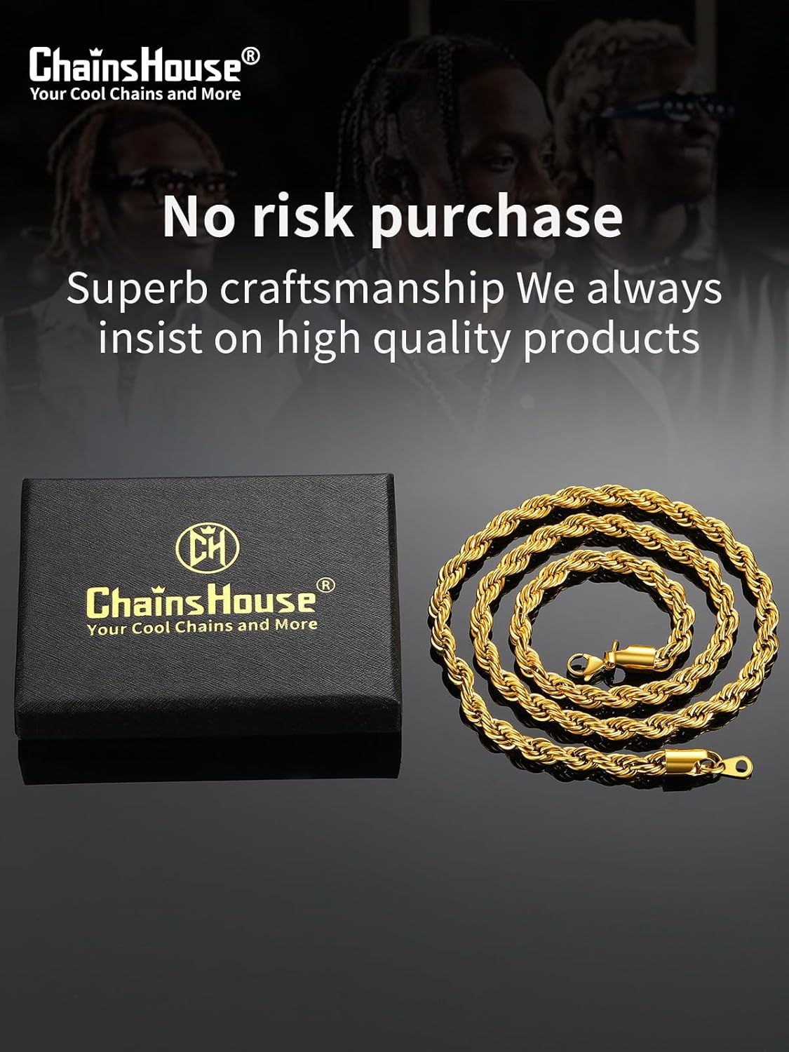 ChainsHouse Rope Chain for Men Women, Stainless Steel Twisted Chain Necklace 1.5mm/2mm/3mm/3.8mm/6mm Width, Black/14K Gold Mens Rope Chains Jewelry 16"-30", Send Gift Box - Image 7
