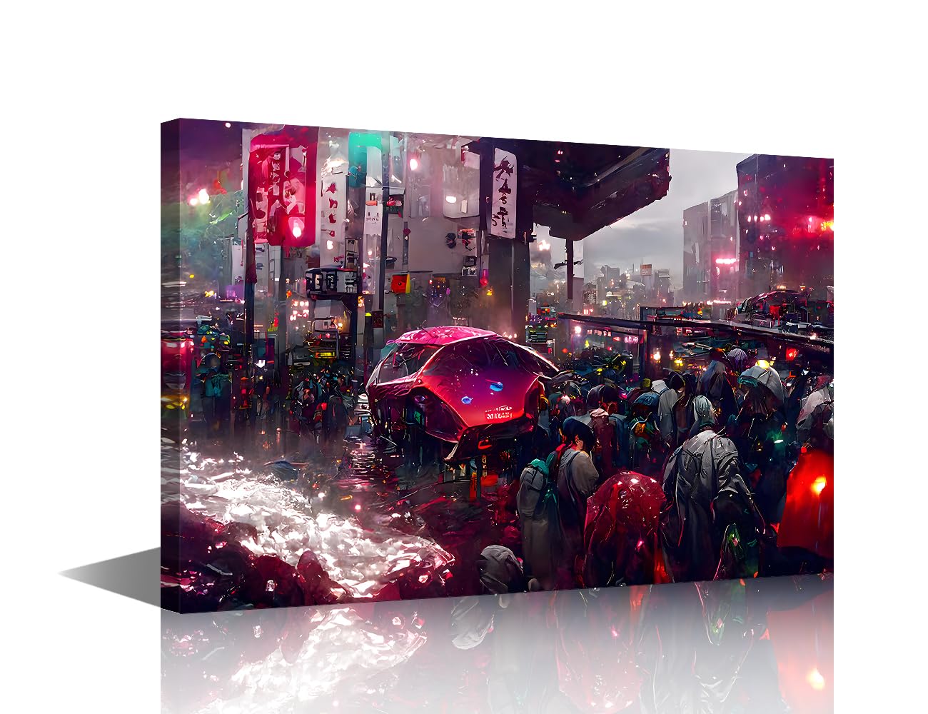 Canvas Wall Art Cyberpunk Poster Printing Modern Wall Decor Abstract City Street Spaceship Scene Picture Prints on Canvas for Living Room Wall Decor Ready to Hang 12x18 in