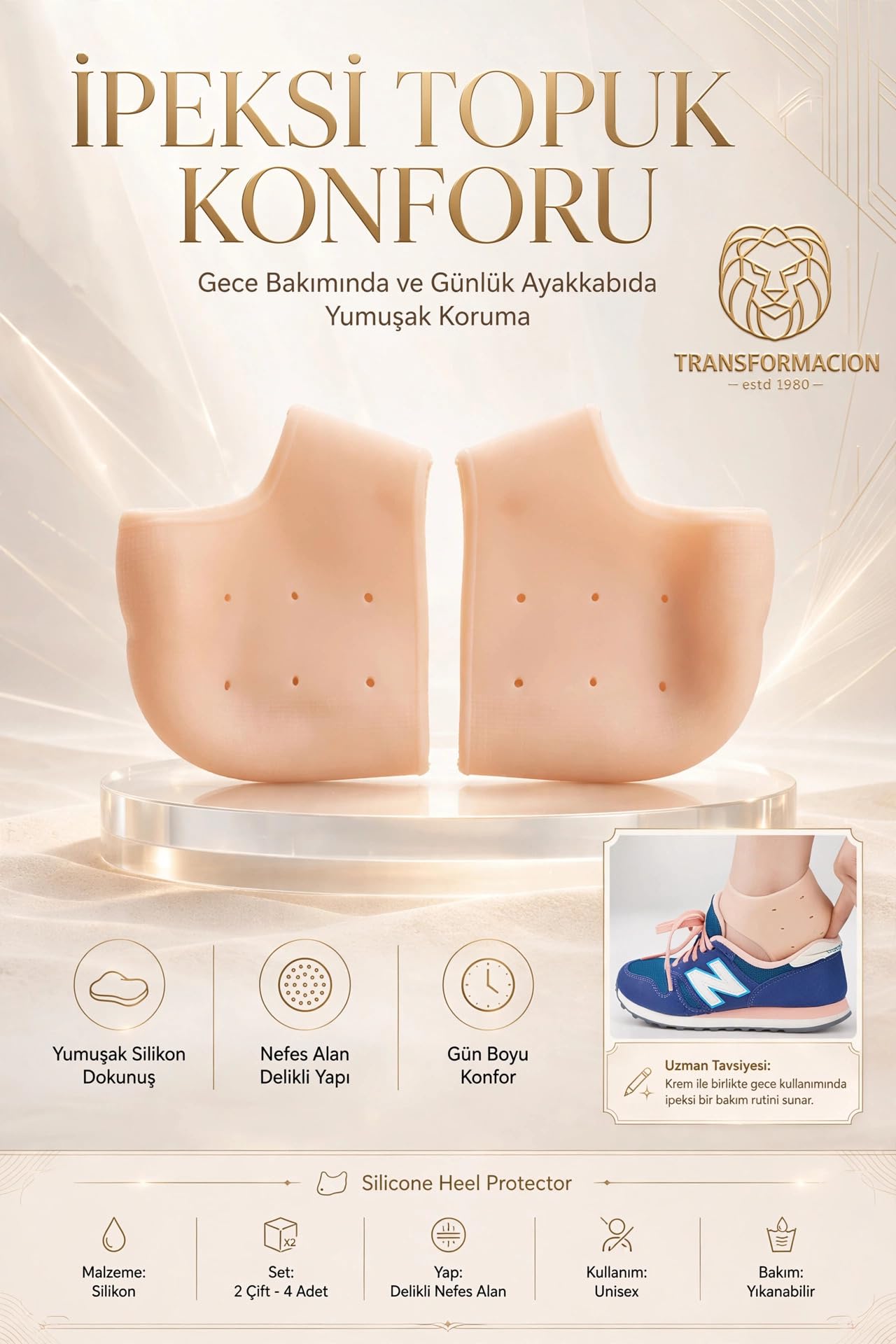 Transformacion Medikal Silikon Topuk Çorabı 2 Çift 4lü Çatlak Giderici Nem Tutucu Esnek Gece Bakım Koruyucu Jel Tabanlık Ped 2 ÇİFT 721955