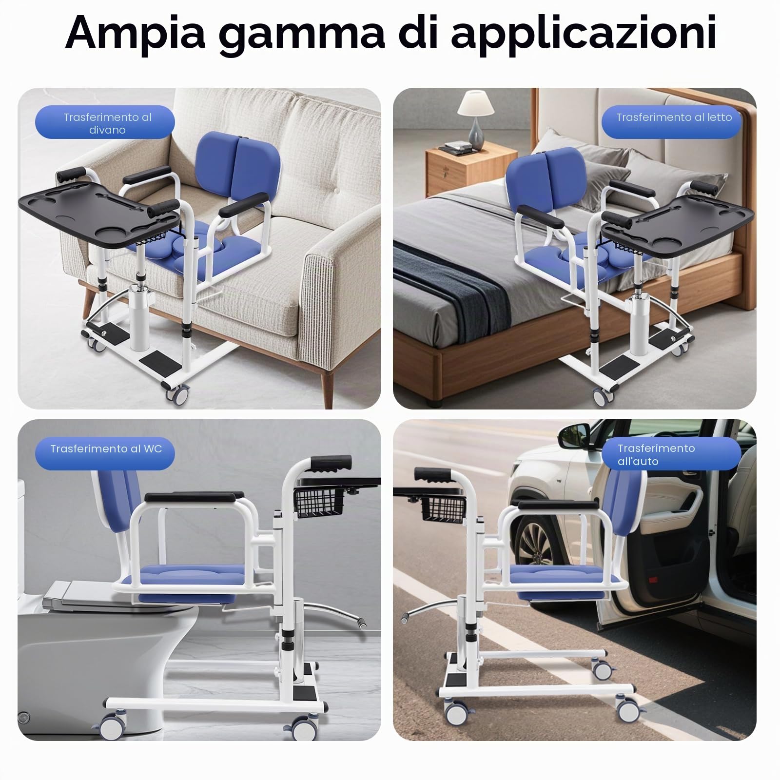 Sollevatore idraulico per pazienti, per anziani, sedile diviso a 180°, sedia a rotelle portatile, blu