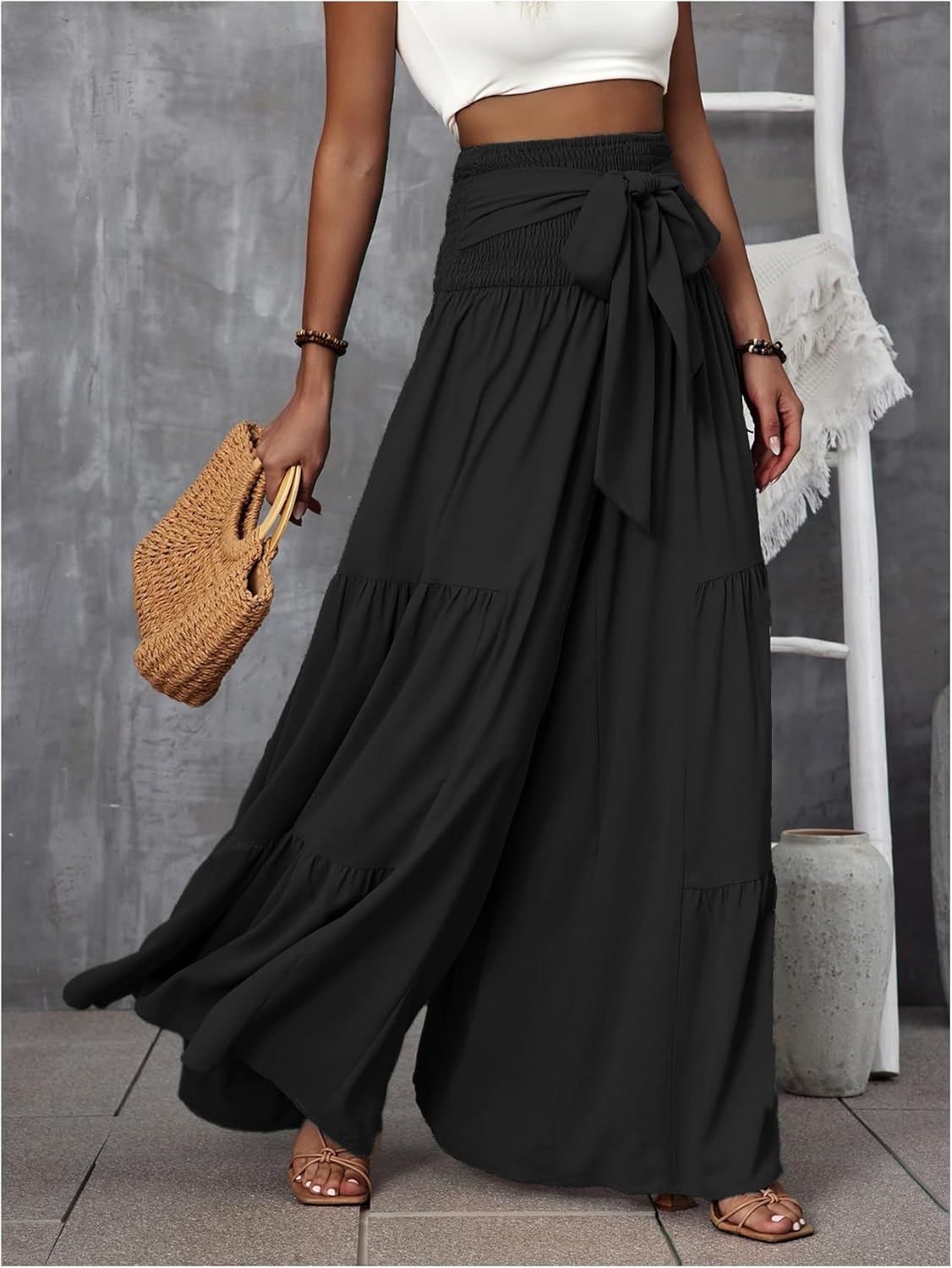MakeMeChic Women's Ruffle Shirred Wide Leg Pants Paperbag Waist Baggy Palazzo Pants - Image 2