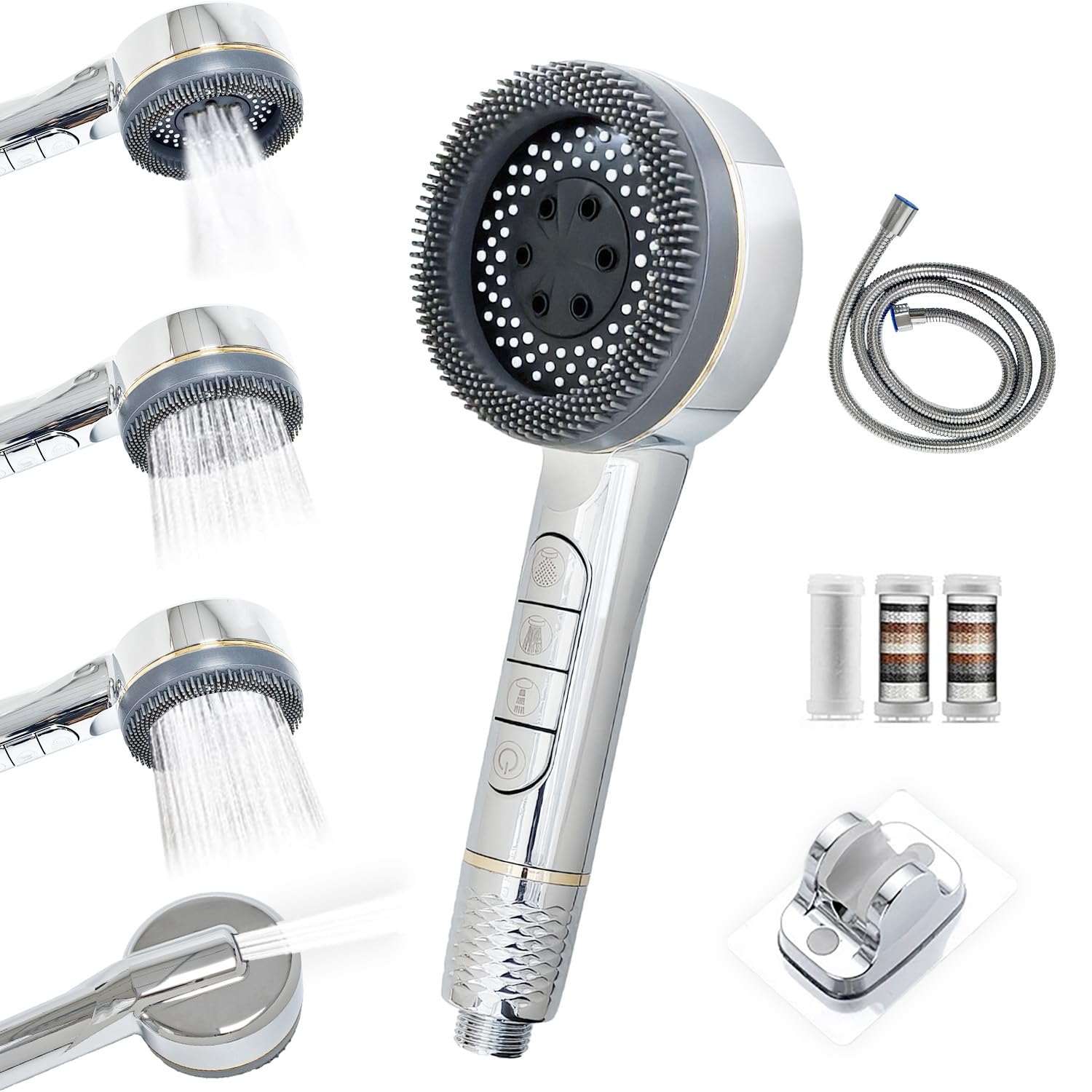 Pommeau de douche haute pression 4 modes filtrants avec interrupteur intégré argent