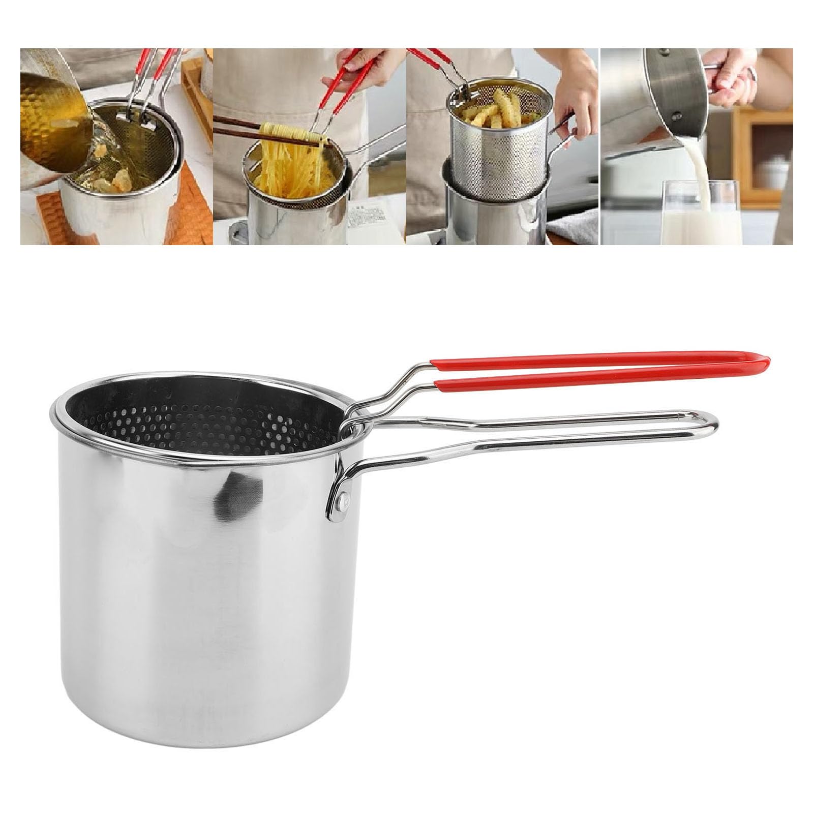 304 Stainless Steel Deep Fryer Pot with Strainer, Ergonomic Handle, Even Cooking Process, for Boiling Water and Cooking Pasta