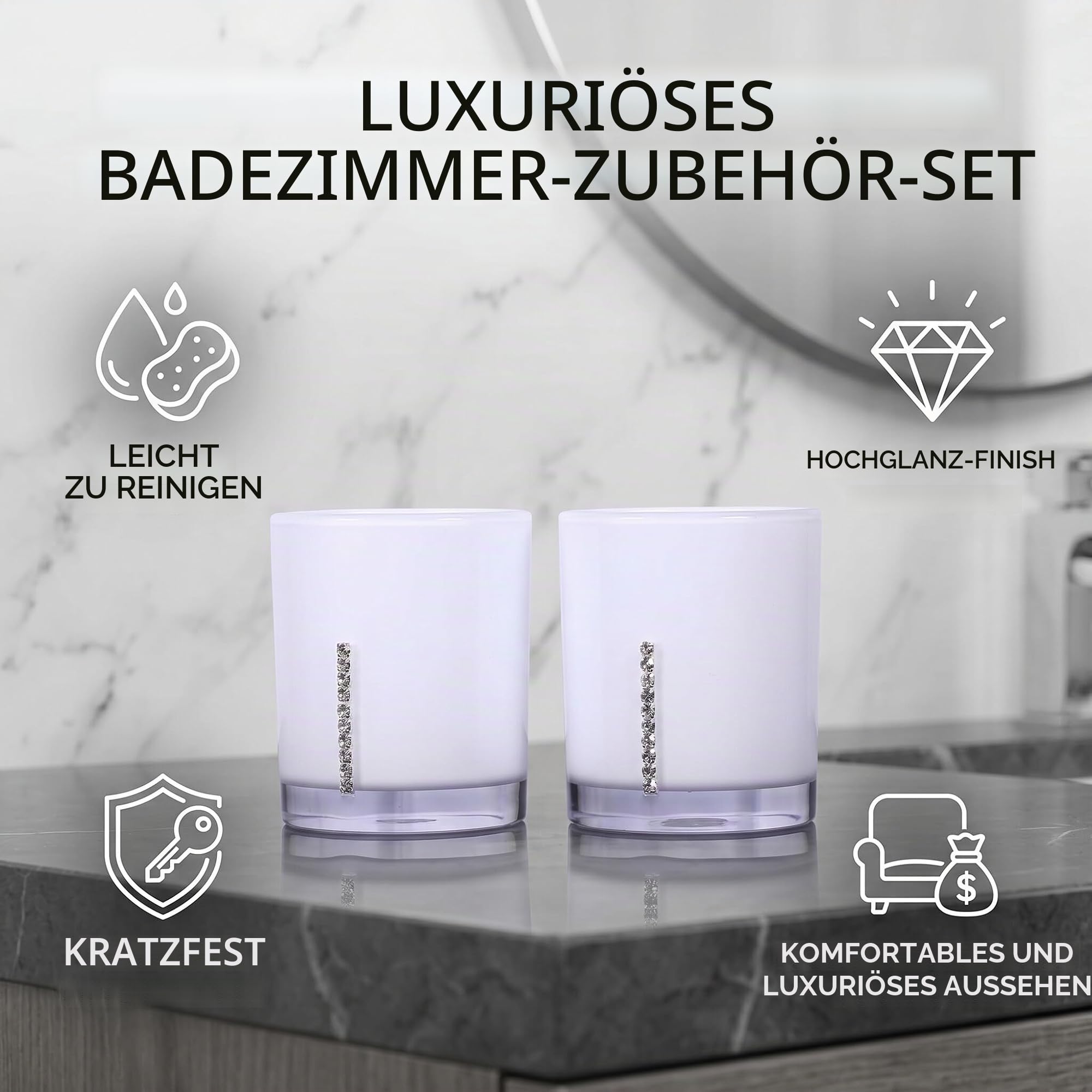 5tlg Badezimmer Zubehör Set aus Weiß, Badset mit Seifenspender, Zahnbürstenhalter, Seifenschale und 2 Zahnputzbechern für Waschbecken und Badablage