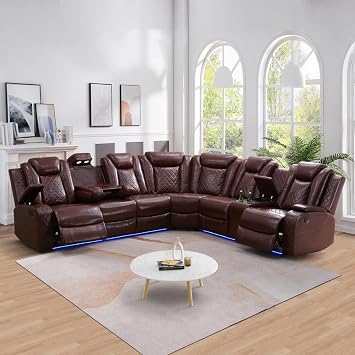 Reclining Sectional, Power Sectional Couch, Leather Sofa Set for Living Room, Comfy Home Theater Seating with USB 2.0 Charging Ports, LED Light Strips, Fold-Down Table & Cupholders Red, 3-Piece