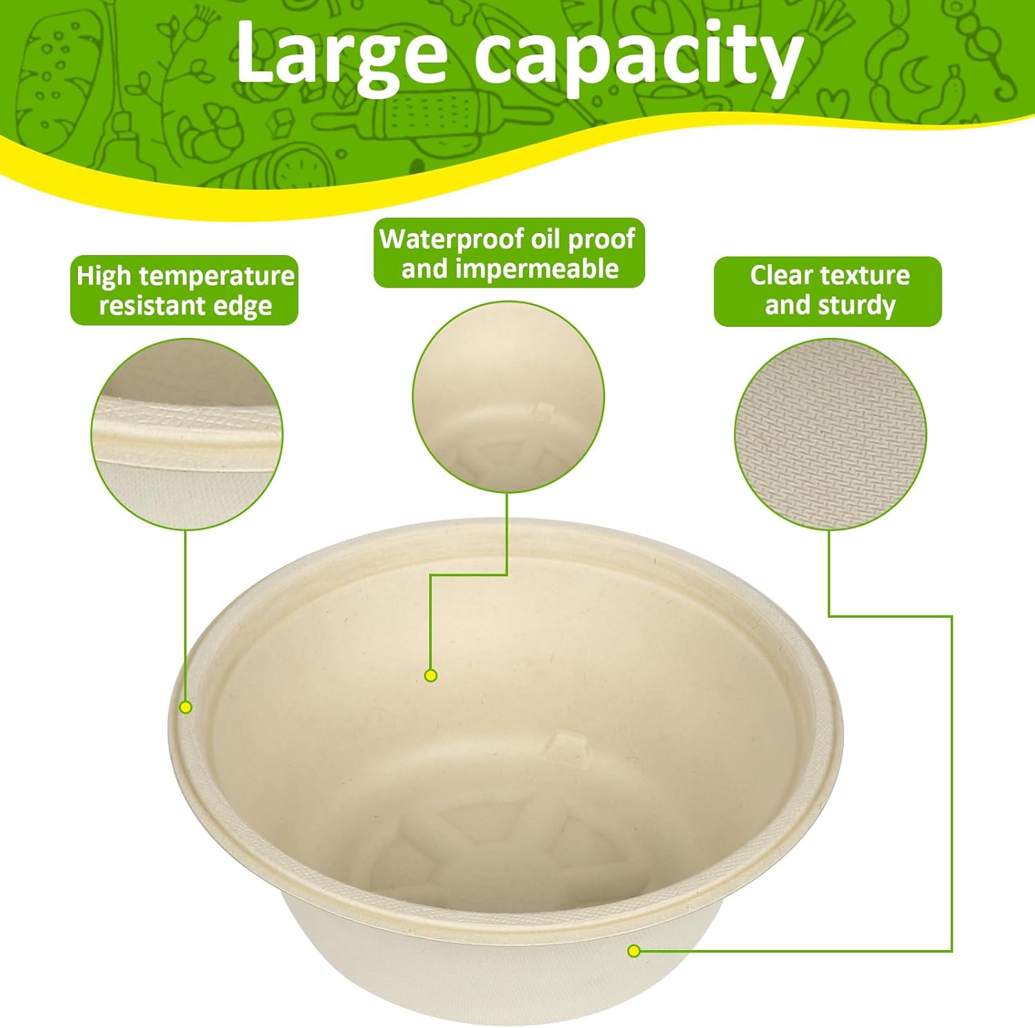 Paper Bowls, 100% Compostable Disposable Soup/Salad Bowls 48 Oz 50 Pack, PFAS-Free BPI Certified Eco-Friendly Hot/Cold Food Bowls, Natural Brown