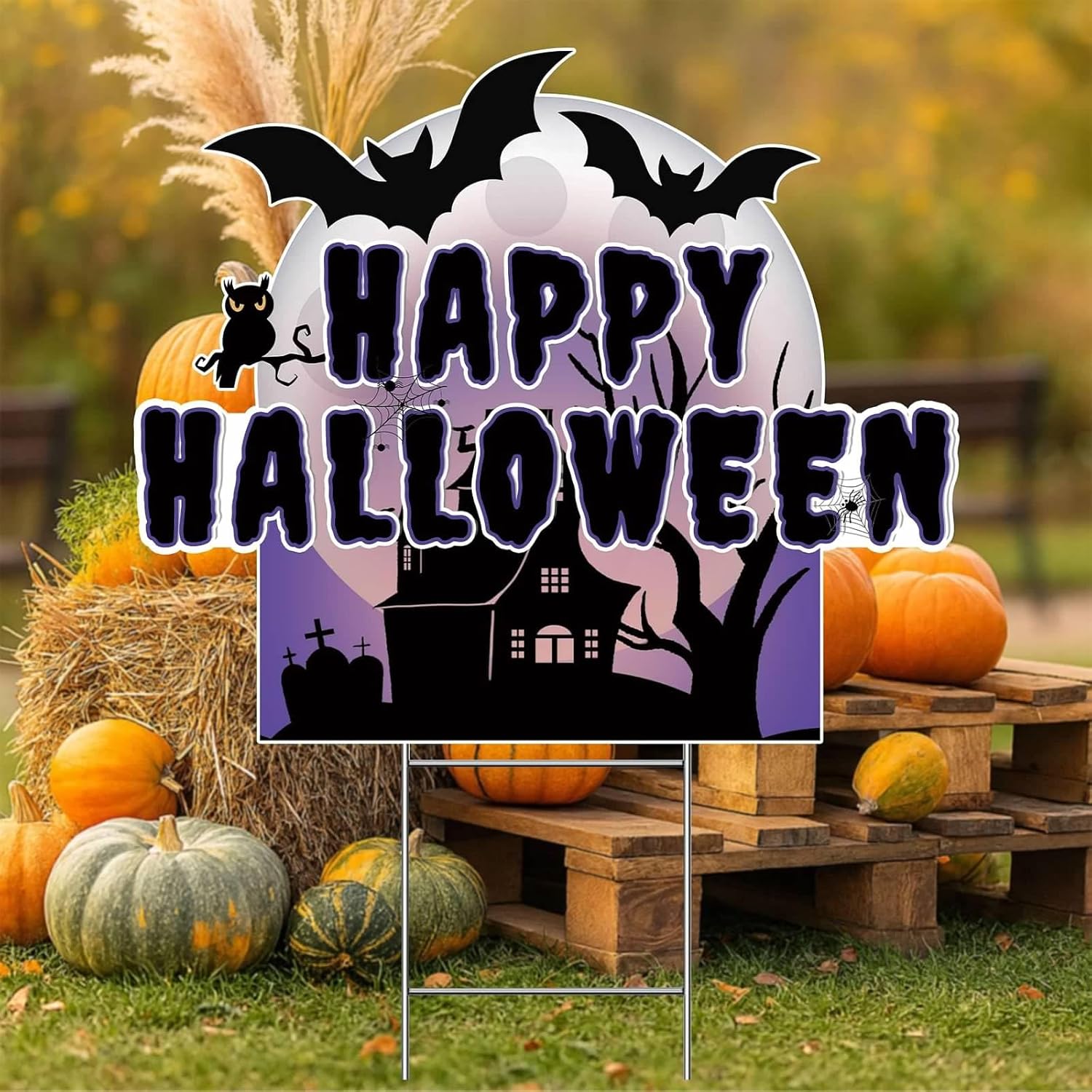 Happy Halloween Yard Sign – 24" × 20.2" with Metal H-Stake, Weatherproof Outdoor Decoration, Purple