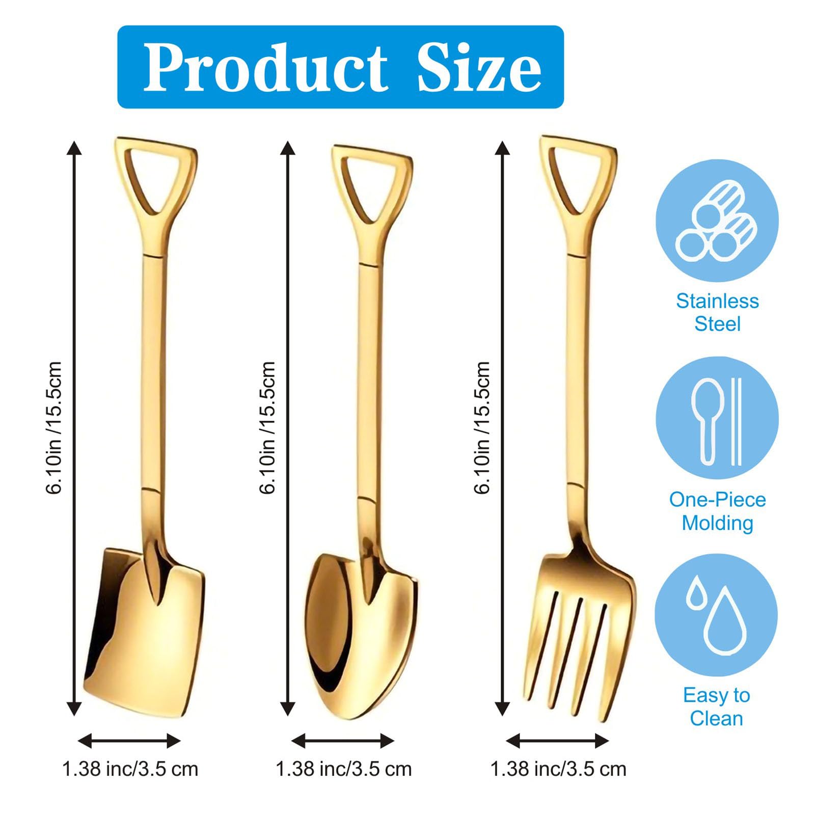OT-NVWOZR 12PCS Dessert Spoons and Forks Set, Stainless Steel Shovel Shape Ice Cream Spoon, Gold Mini Shovel Spoons for Coffee Yogurt Cake Fruit, Unique Silverware for Party Home