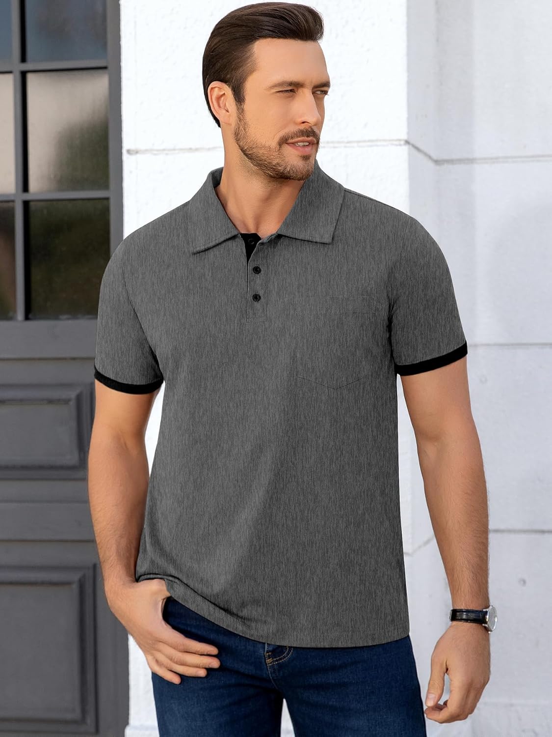 Men's Casual Polo Shirts Short Sleeve Contrast Cuff Summer Collared Buttoned Polos T-Shirt with Pocket - Image 5