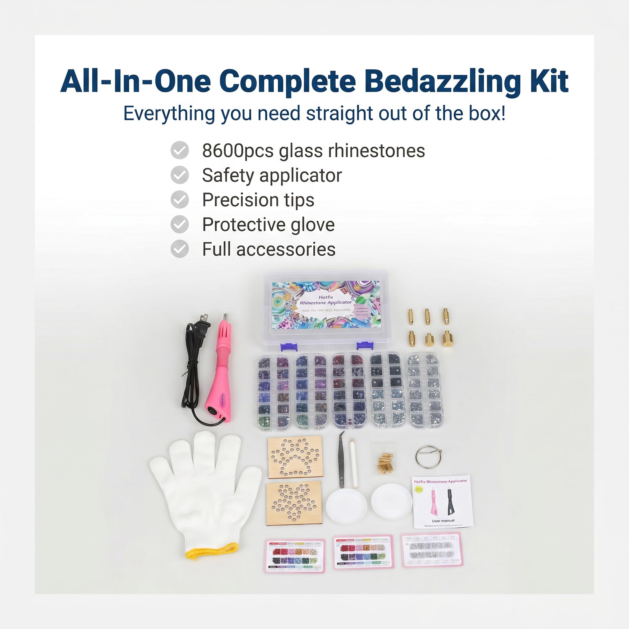 Worthofbest Hotfix Strass-Applikator-Set mit 8600 Hot-Fix-Kristallen, 3 mm, 4 mm, 5 mm, Bedazzler-Kit für glitzernde Kleidung, Stoff, Leder – waschbar, Etui