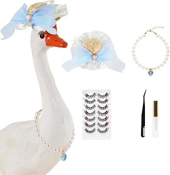 SESENSE Porch Goose Outfits - Costume for Plastic Goose 23"/ 17" Lawn Goose Statue Gemstone Pearl Necklace Straw Hat and 7 Pairs False Eyelashes for Garden Decoration Party Patio Yard Outdoor