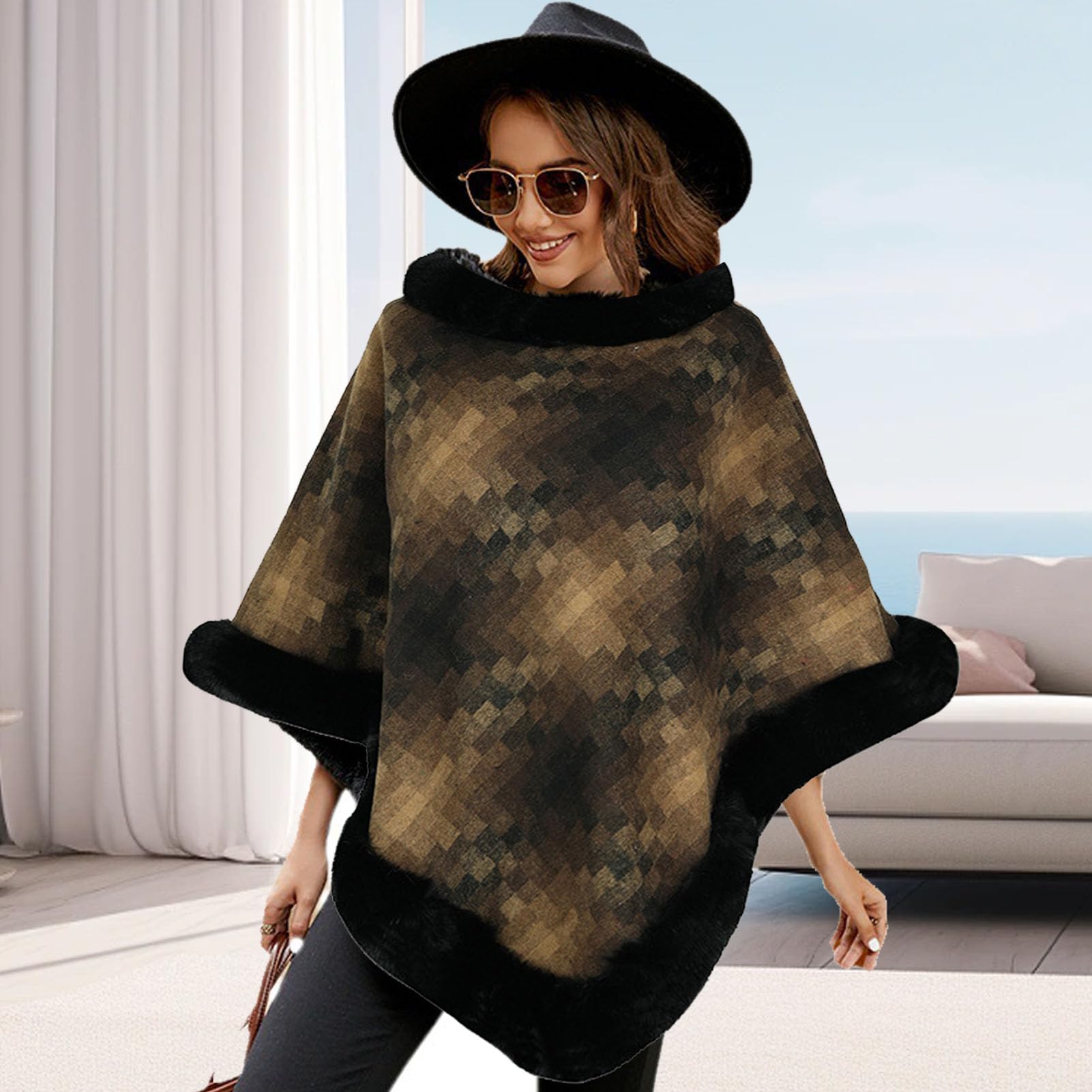 aqxreight Mantella con Scialle a Collo Rotondo, Calda, con Cuciture in Peluche, a Quadri, Lavorata a Maglia, per le Donne, per la Vita Quotidiana, Kaki F, Adorabile Modifica Dolce e Snella, (F)