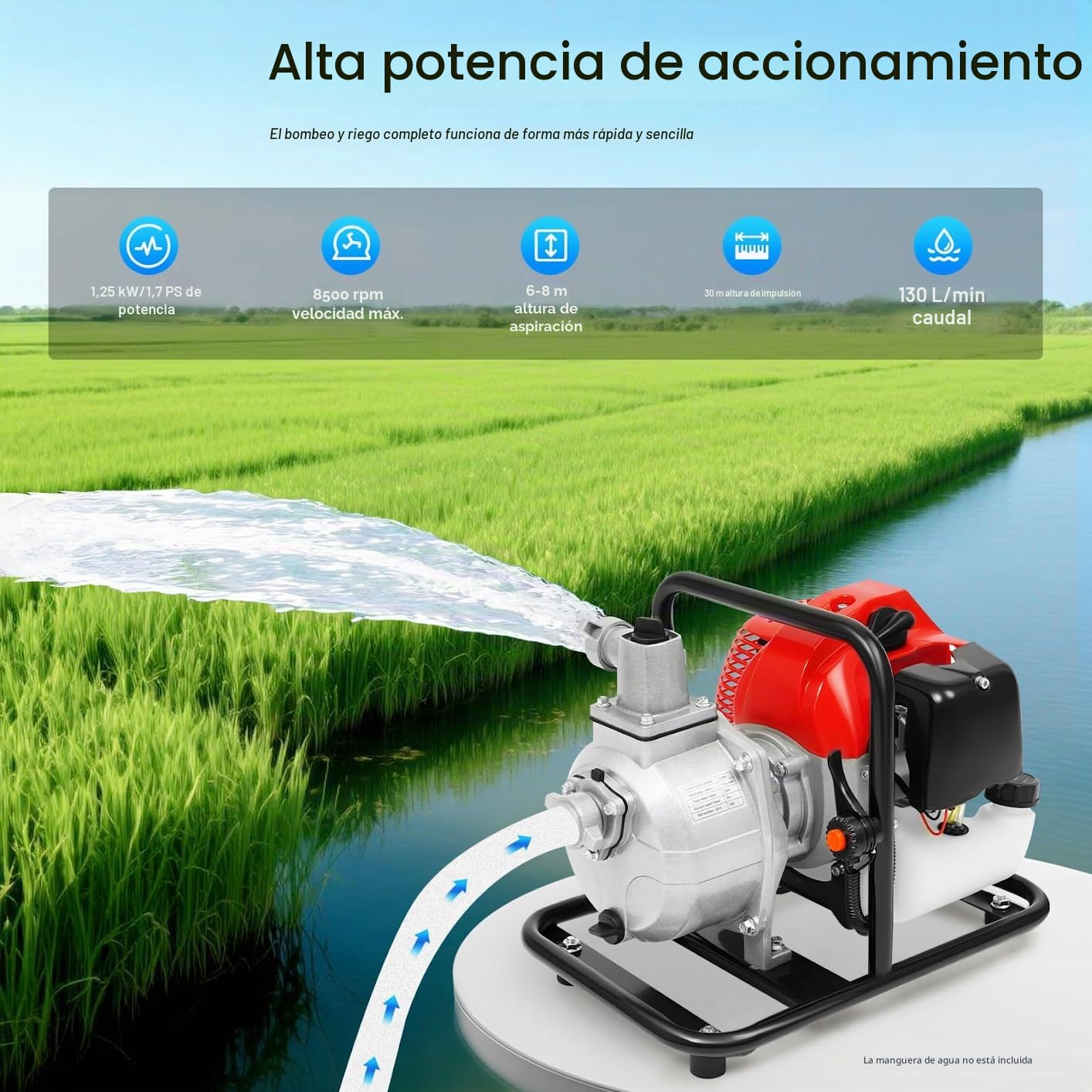 Bomba de agua de gasolina de 2 tiempos, 43 cm³, 135 l/min, 30 m, 1 pulgada