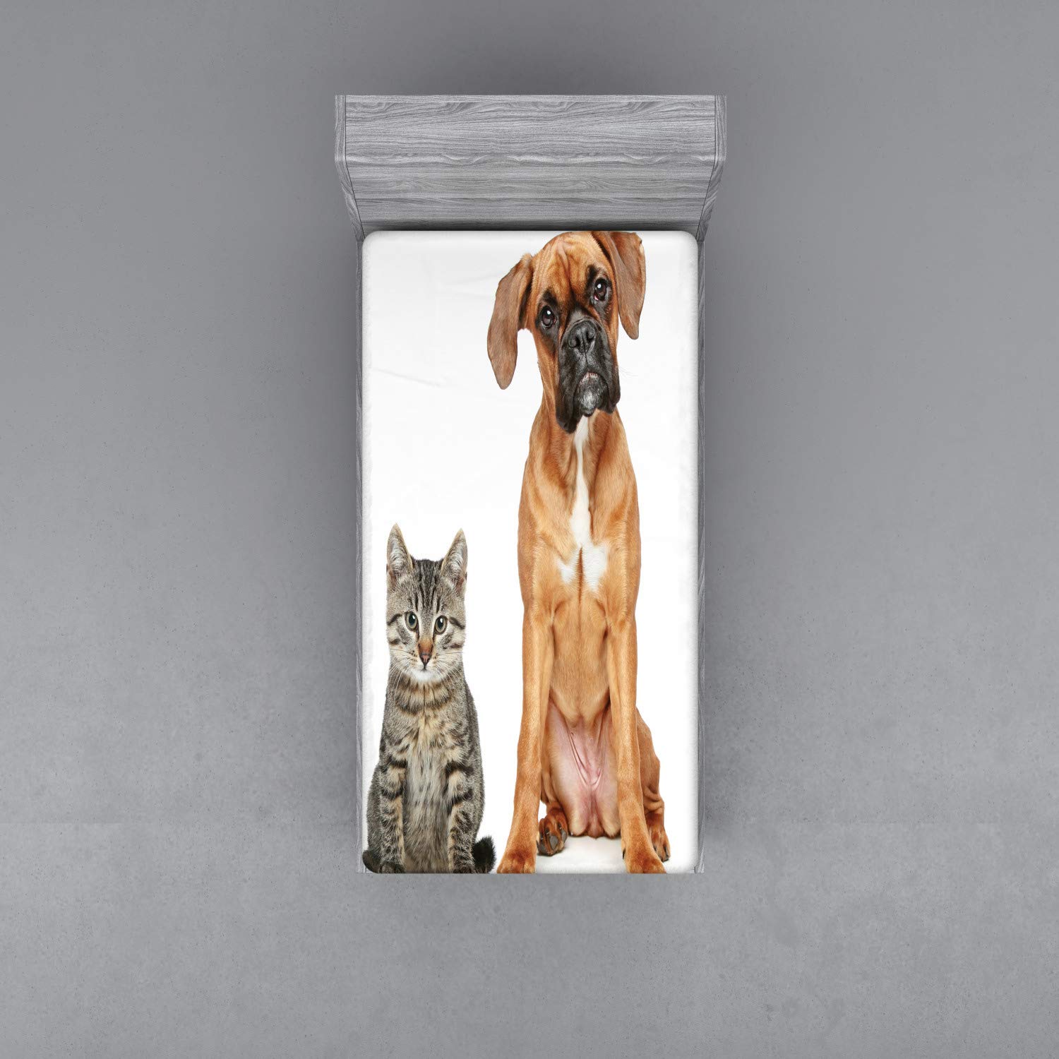 Ambesonne Boxer Dog Fitted Sheet, Photo of a Cat and Dog Sitting Together Animal Friendship Theme Pet Lover Concept, Bed Cover with All-round Elastic Deep Pocket for Comfort, Twin XL Size, Beige Brown