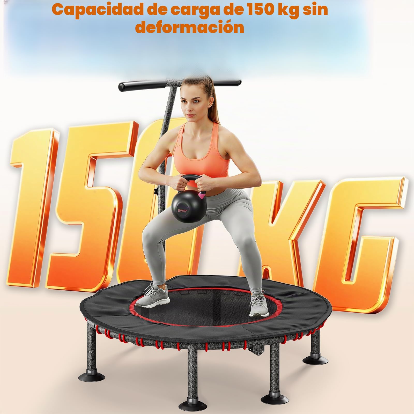 LIFERUN Trampolín de Fitness para Interior | Cubierta Protectora Acolchada | hasta 150 kg de Capacidad Carga | 3 Alturas Asa Ajustables | Sin Instalación | Niños Adultos | Mini Ø102 cm | Hogar