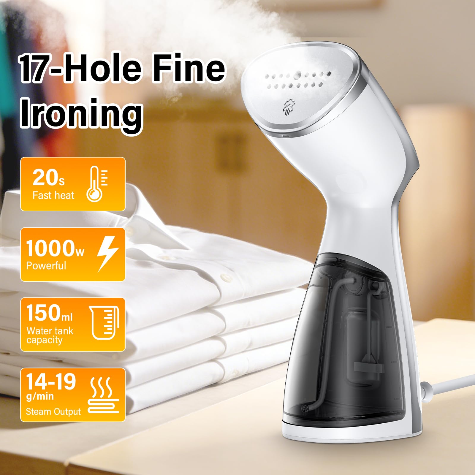 1000W Ferro da Stiro, Ferro Da Stiro Verticale e Orizzontale, 14-18g/min Stiratole Verticale Portatile, Serbatoio Acqua 150ml e 1 Spazzola Tessuti, Riscaldamento Rapido 20s, per I Viaggi E La Casa
