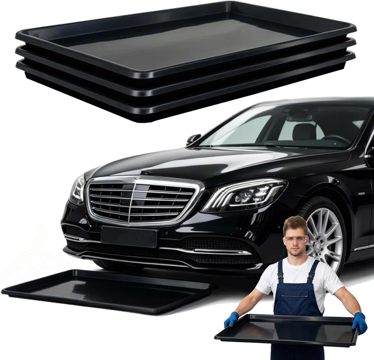 3 Pack Heavy Duty Oil Drip Pan, 35.2 x 23.4 Inch PP Plastic Oil Catch Pan, Waterproof Leak-Proof Reusable Drip Tray for Under Car Oil Changing, Garage Driveway & Home Appliance