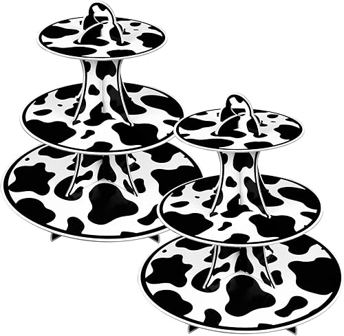 Juego de 2 soportes redondos de cartón para cupcakes de 3 niveles con estampado de vaca de granja para 24 cupcakes, perfecto para decoraciones de
