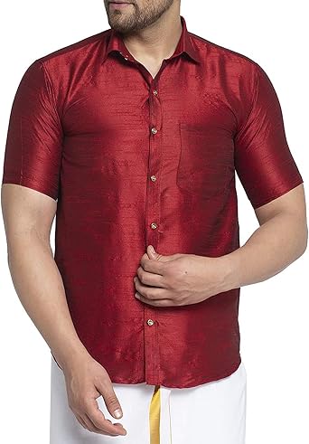 Mens Collar Shirt Classic Indian Ethnic Dupion Silk Plain Casual Fit Tunic Kurta Casual Dress Daily Wear