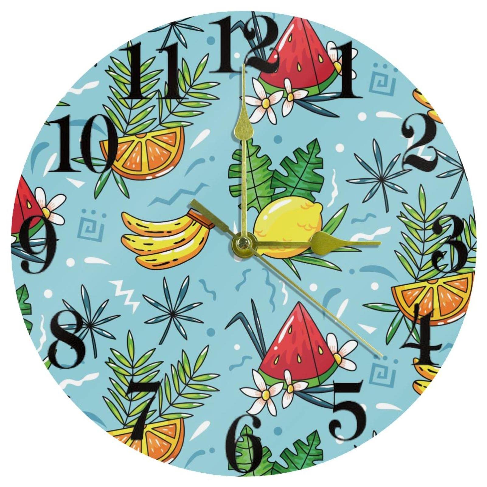 Horloge murale orange et bleu 25,4 cm, pendule ronde quartz silencieuse pour cuisine et salon