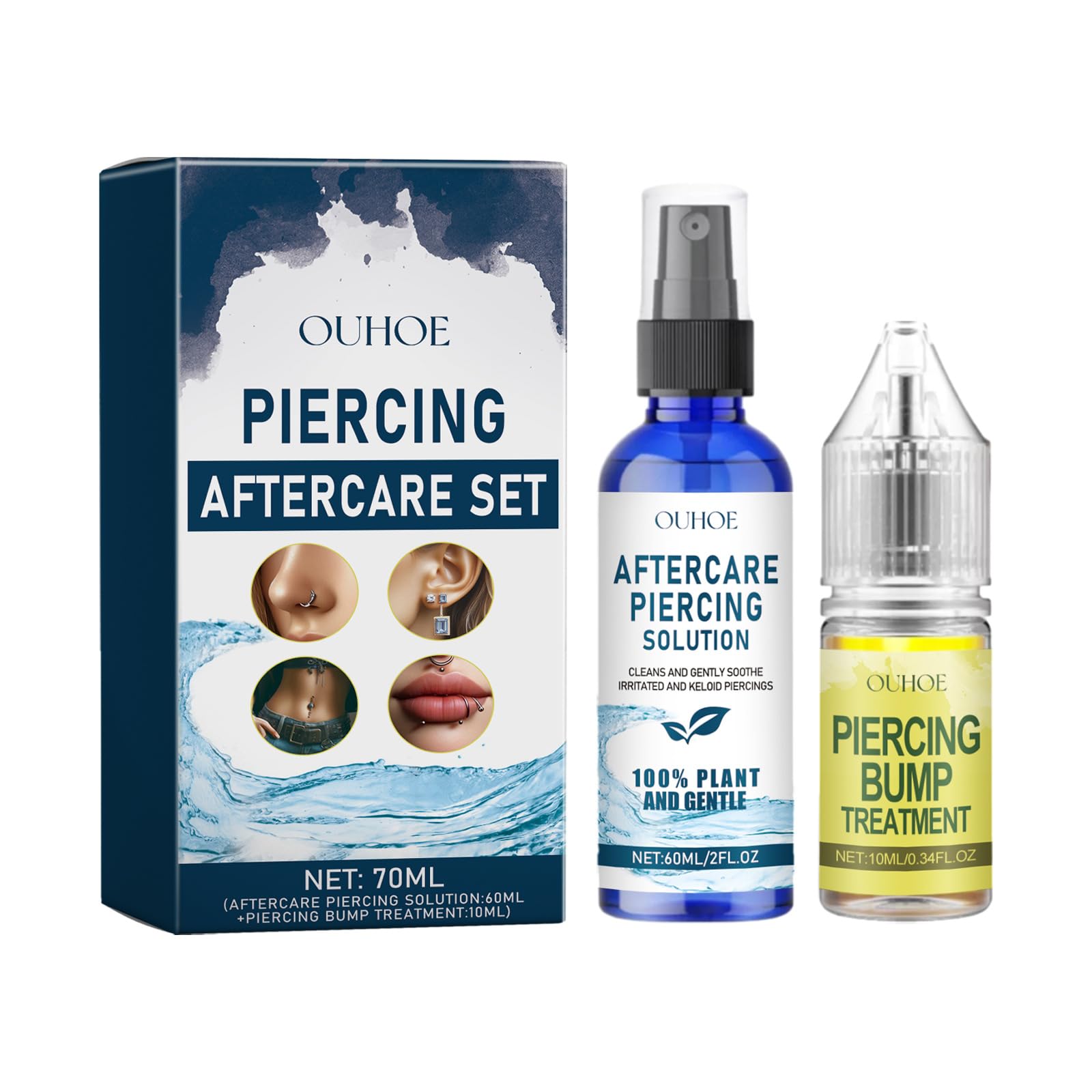 Piercing-Set, die Beschwerden von Ohrpiercing, Ohrpiercing-Lösung, 60 ml + Piercing-Bump-Lösung, 10 ml Ohr-Licht-Plektrum