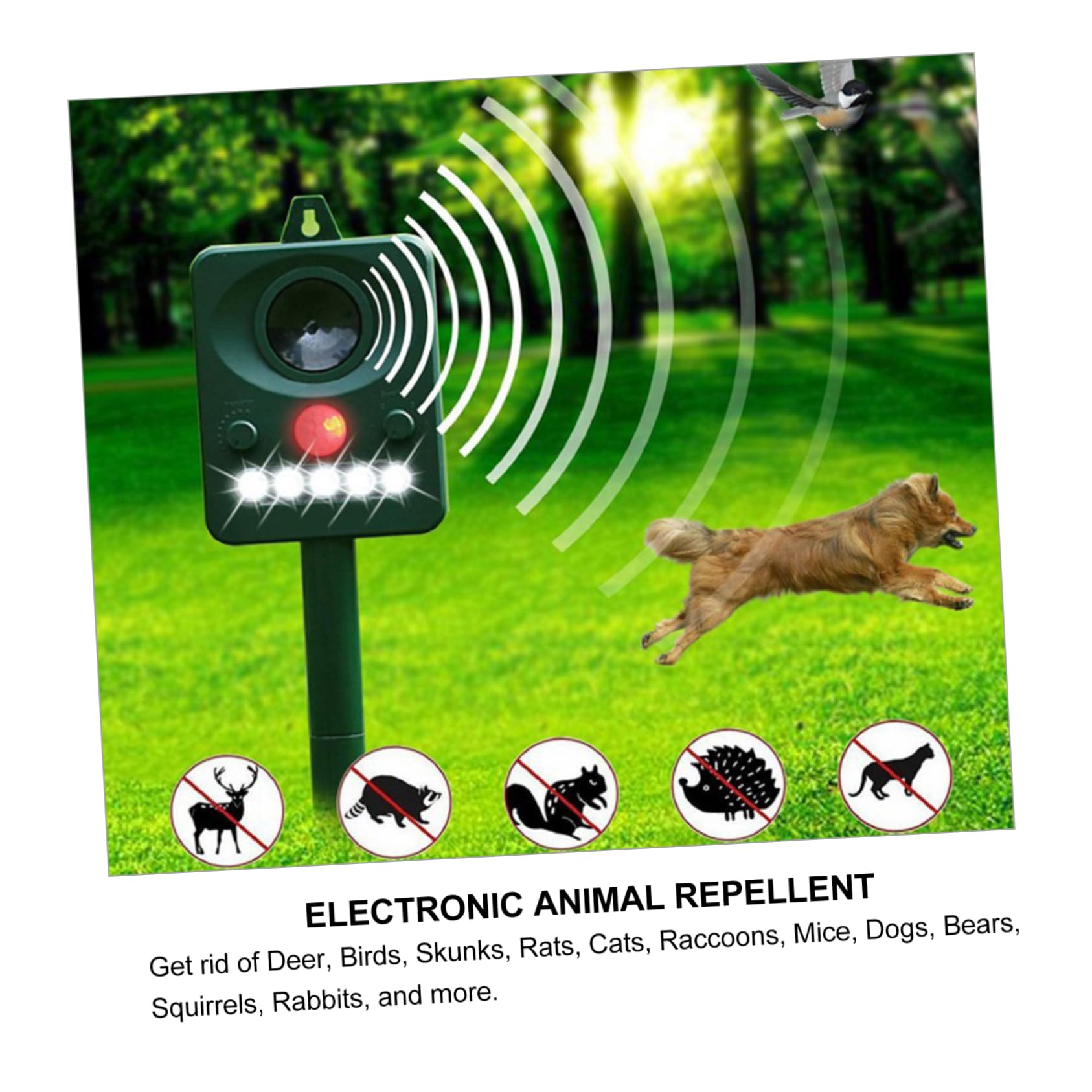 BESTonZON Ripellente Solare Elettronico con Luce Bianca e Sensore Pir per Respingere Scoiattoli Uccelli Procioni Topi Gatti e Cani e Alimentato ad Energia Solare