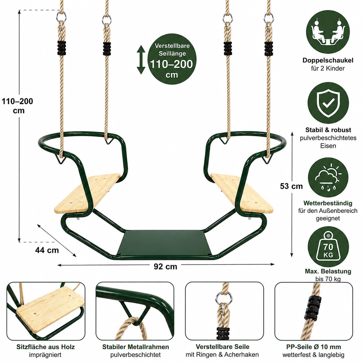 Columpio doble de metal verde para 2 niños – Balancín cara a cara con asientos de madera, cuerdas ajustables 1,1 – 2 m, resistente a la intemperie, soporta hasta 70 kg, columpio doble para jardín