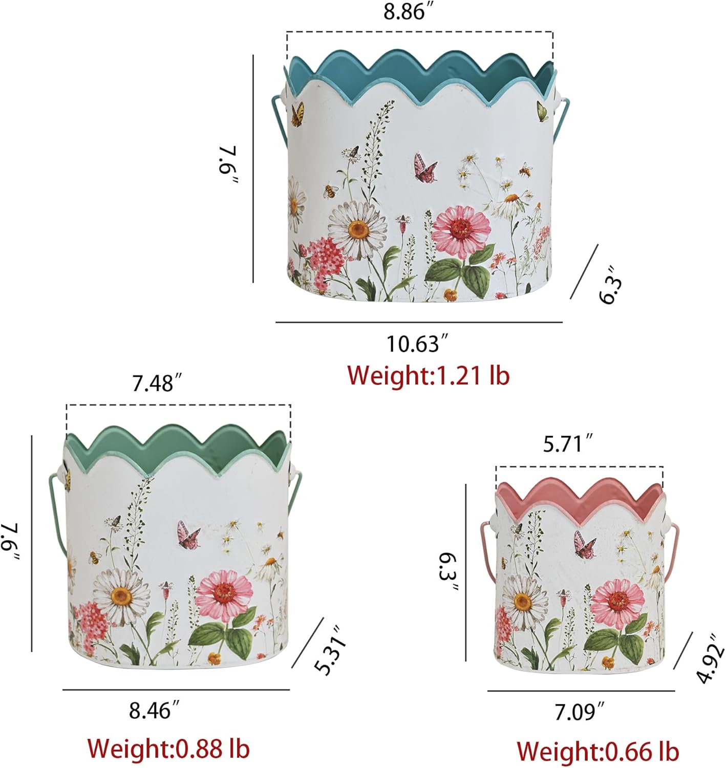3-Piece Vintage Floral Metal Bucket Set, Scalloped Edge Multi-Size Planters for Flowers & Easter Egg Containers, Rustic Garden & Home Decor with Reinforced Metal Handles, Indoor & Covered Outdoor Use